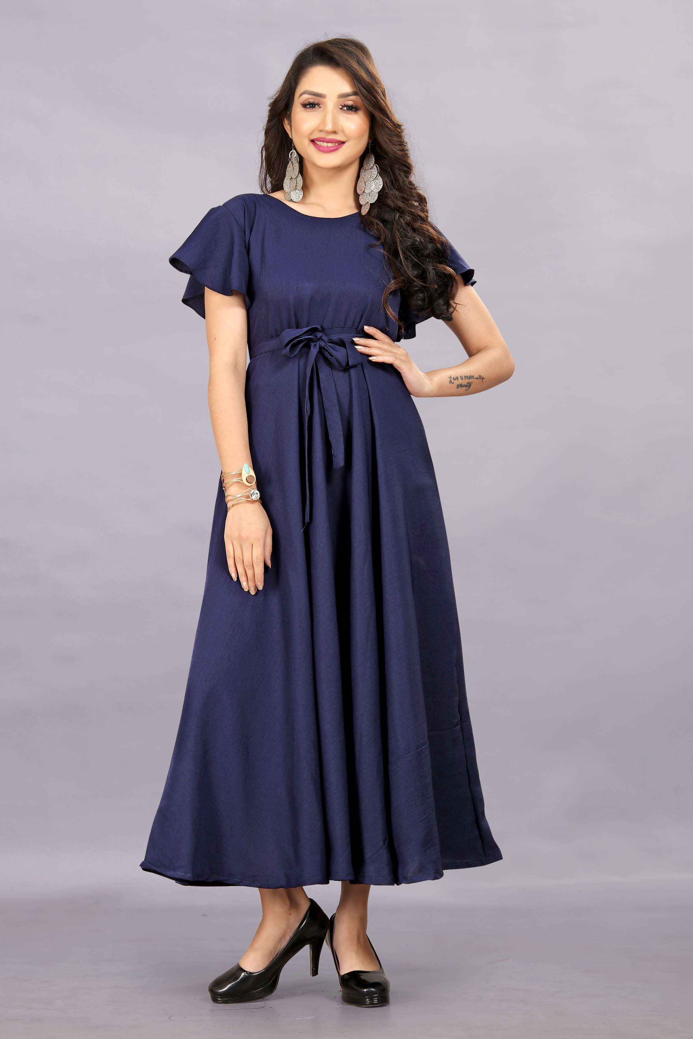 Women's A-Line Flared Maxi Gown with Pocket and Belt - Navy Blue