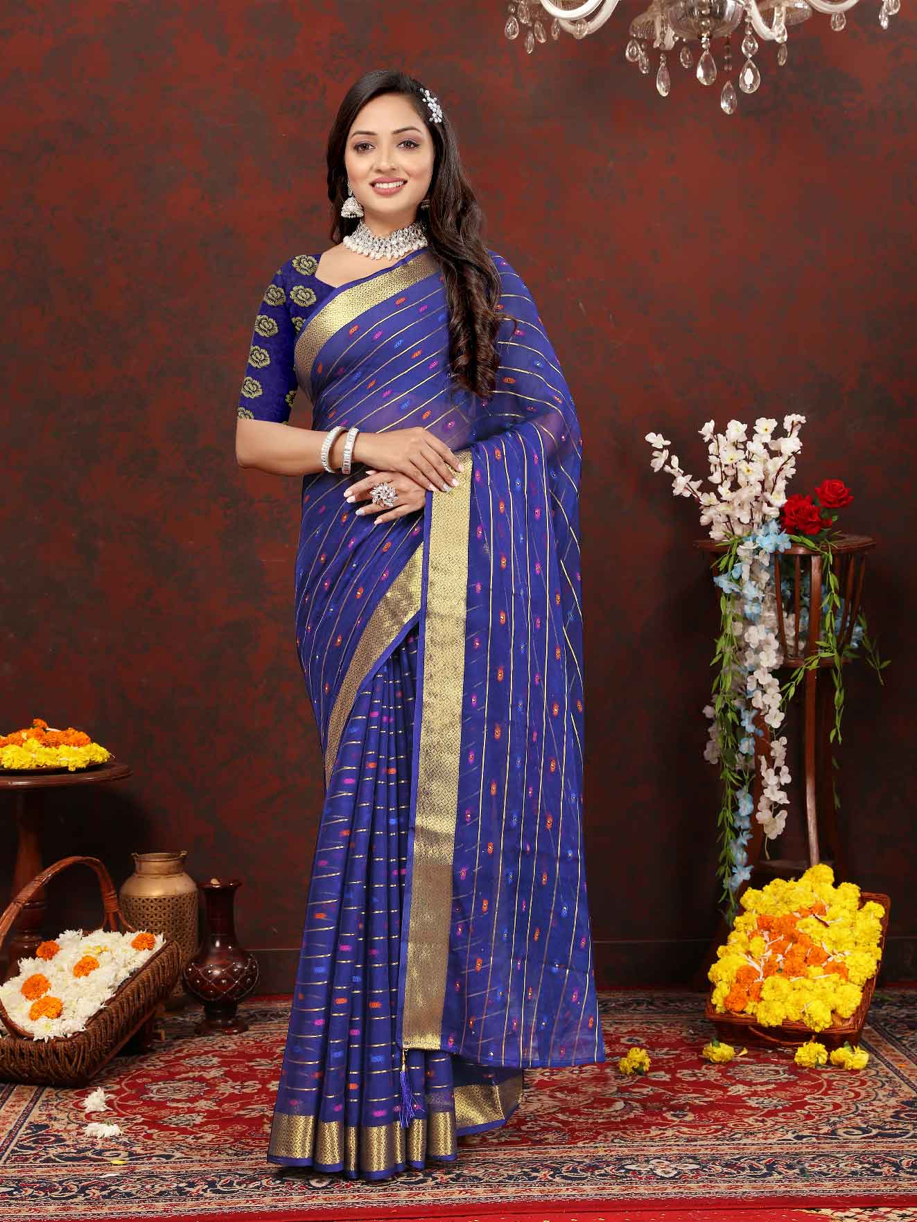 Chic Women's Party Wear Navy Blue Chiffon Saree with Woven Stripe Zari Border and Tassels - Elevate your style with this stunning ensemble! Perfect for special occasions, this saree features intricate zari detailing and playful tassels for a touch of elegance. Stand out from the crowd and make a statement in this luxurious saree. Don't miss out on adding this timeless piece to your wardrobe