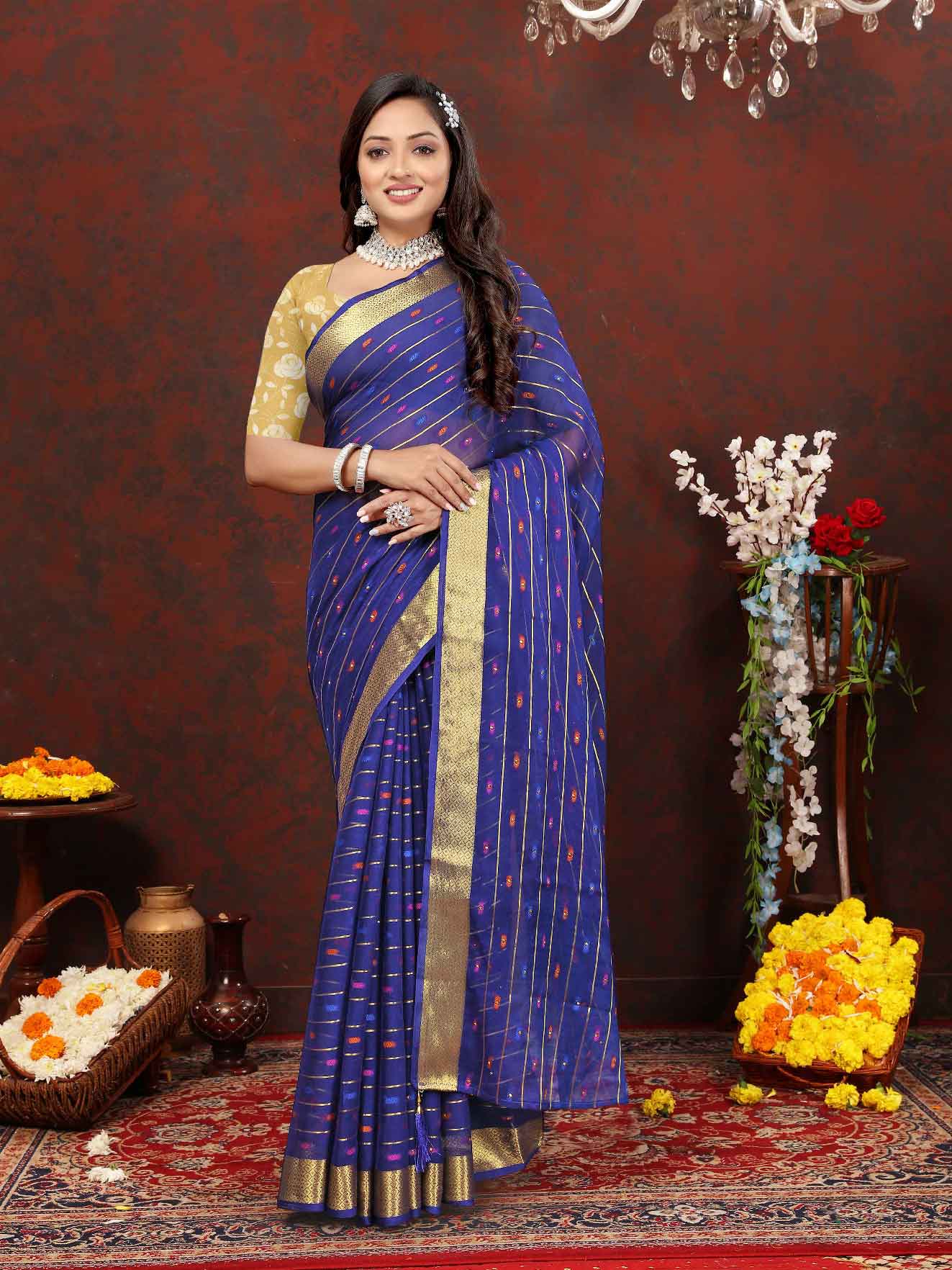 Women's Festive Wear Woven Stripe Navy Blue Chiffon Saree with Zari Work