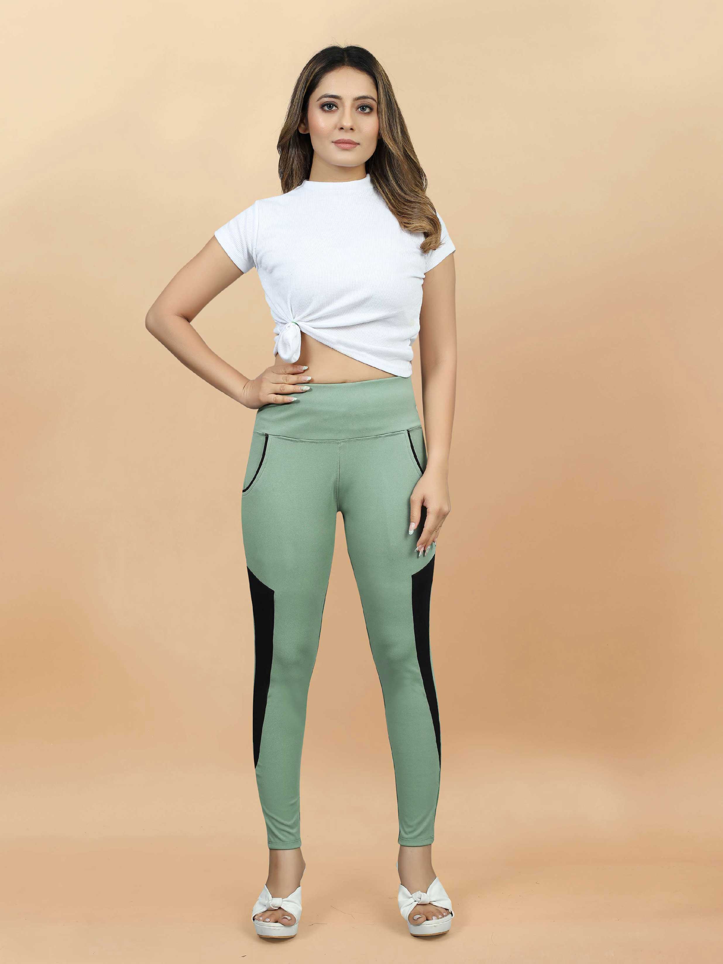 Stylish Sports Wear Women's lycra Green Jeggings with Front Pocket