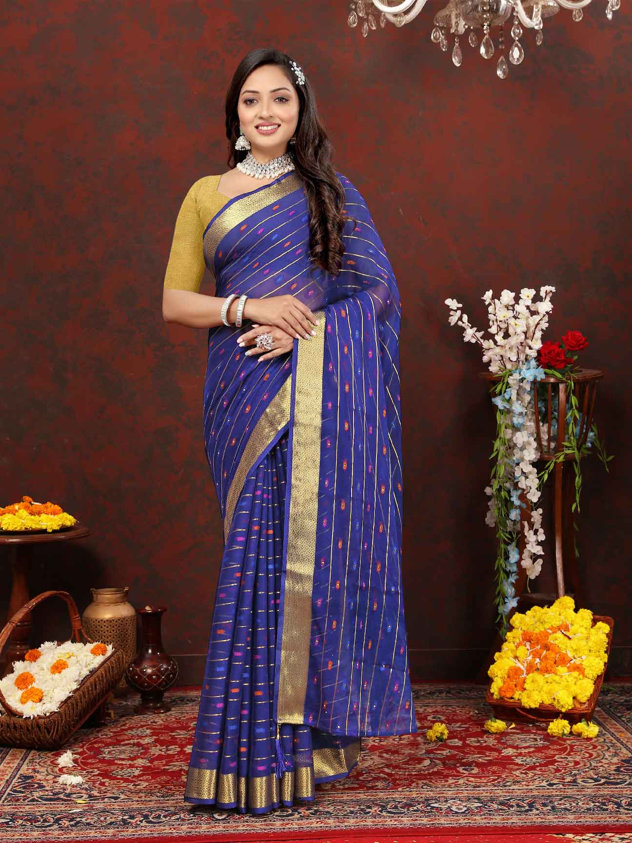 Women's Party Wear Woven Stripe Navy Blue Chiffon Saree with Zari Work