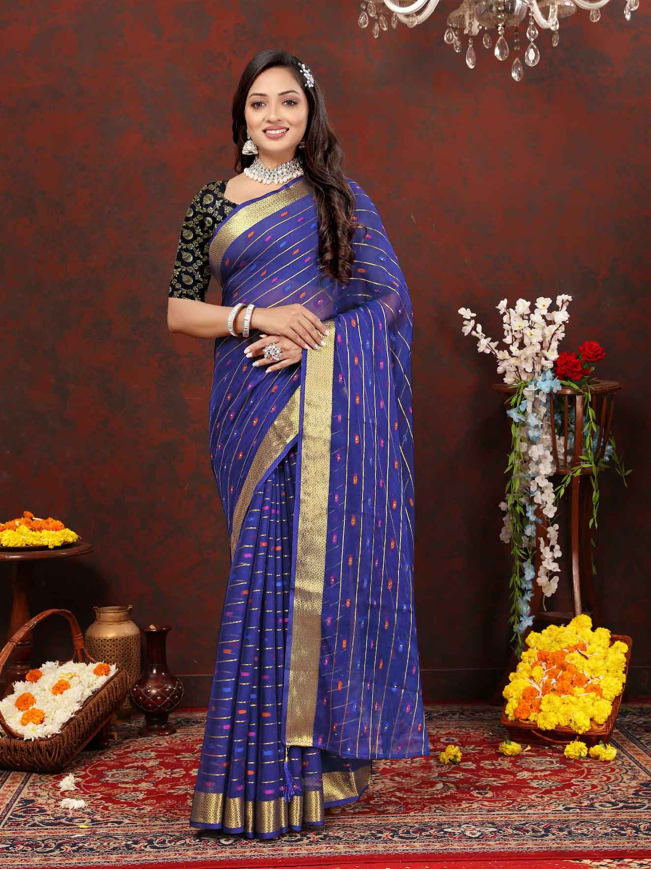 Wedding & Festive Wear Women's Woven Stripe Navy Blue Chiffon Saree with Zari Work