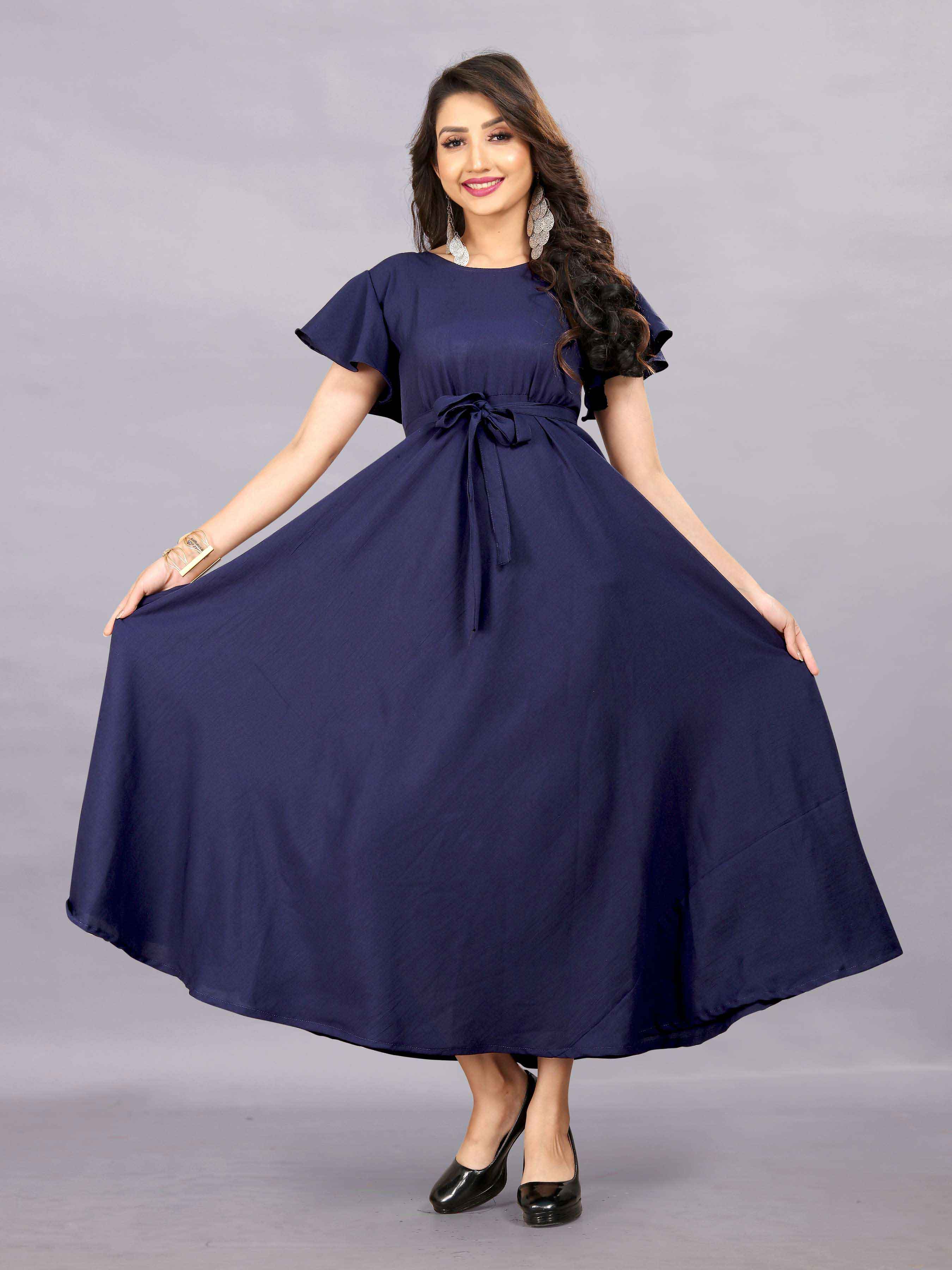 Women's A-Line Flared Maxi Gown with Pocket and Belt - Navy Blue