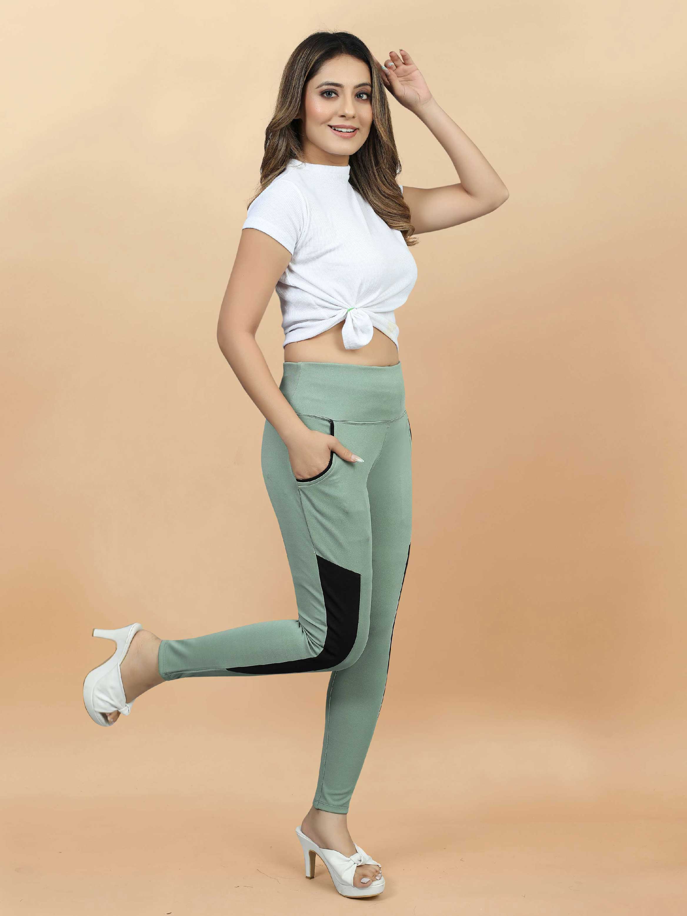 Stylish Sports Wear Women's lycra Green Jeggings with Front Pocket