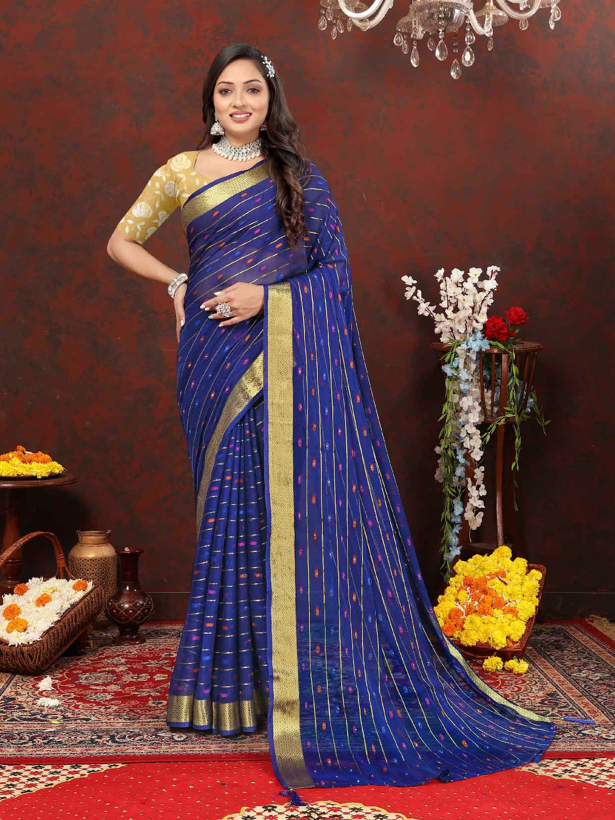 Women's Festive Wear Woven Stripe Navy Blue Chiffon Saree with Zari Work