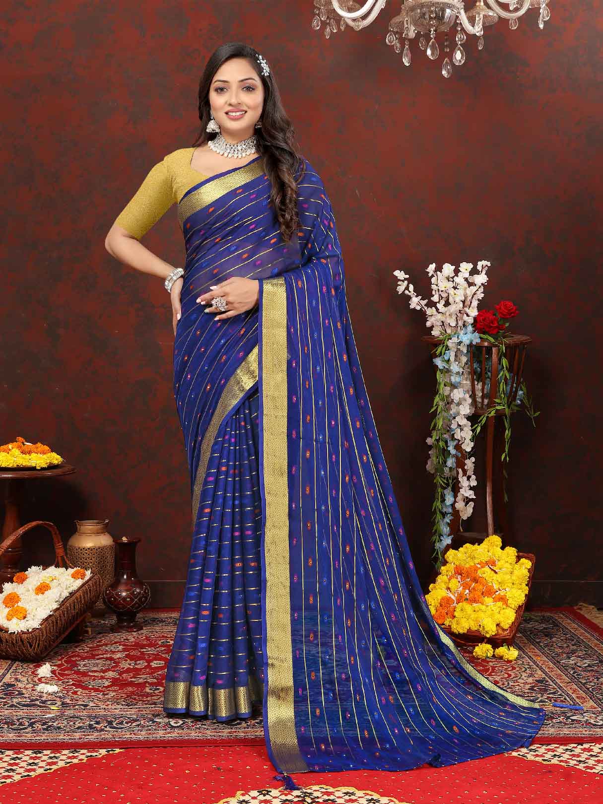 Women's Party Wear Woven Stripe Navy Blue Chiffon Saree with Zari Work