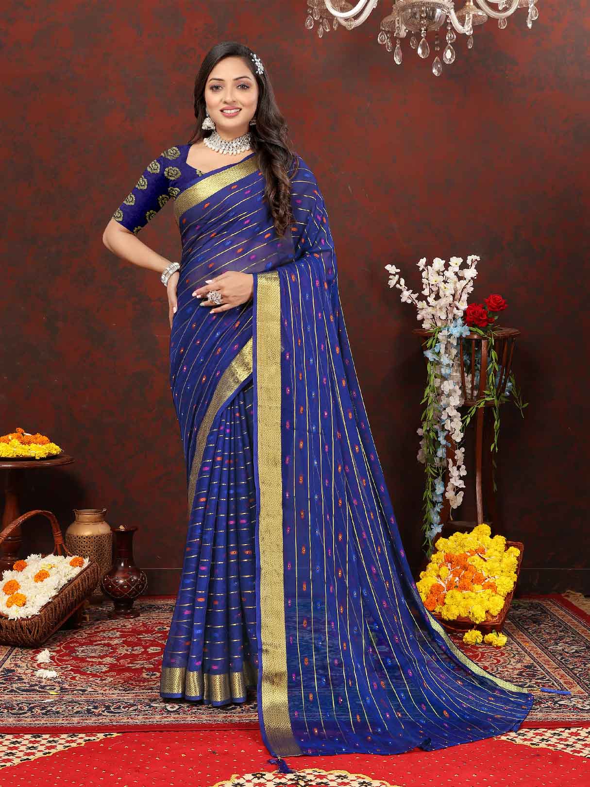 Chic Women's Party Wear Navy Blue Chiffon Saree with Woven Stripe Zari Border and Tassels - Elevate your style with this stunning ensemble! Perfect for special occasions, this saree features intricate zari detailing and playful tassels for a touch of elegance. Stand out from the crowd and make a statement in this luxurious saree. Don't miss out on adding this timeless piece to your wardrobe