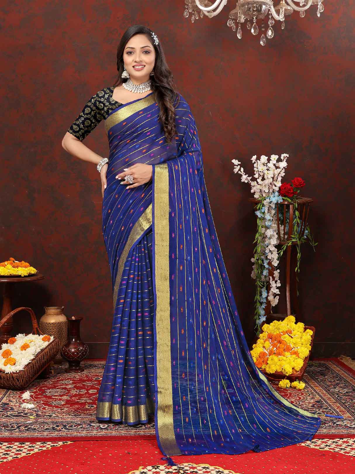 Wedding & Festive Wear Women's Woven Stripe Navy Blue Chiffon Saree with Zari Work