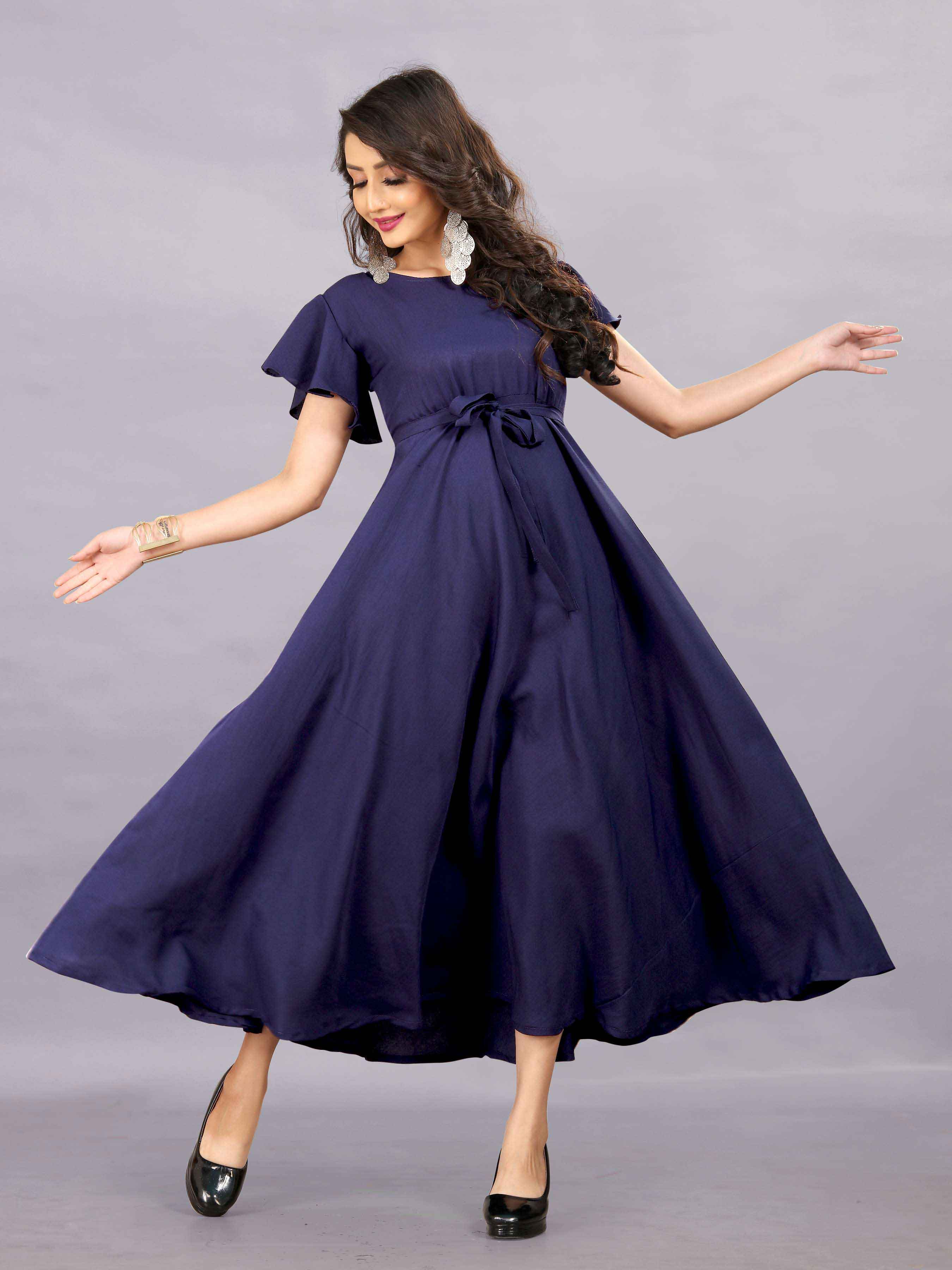 Women's A-Line Flared Maxi Gown with Pocket and Belt - Navy Blue