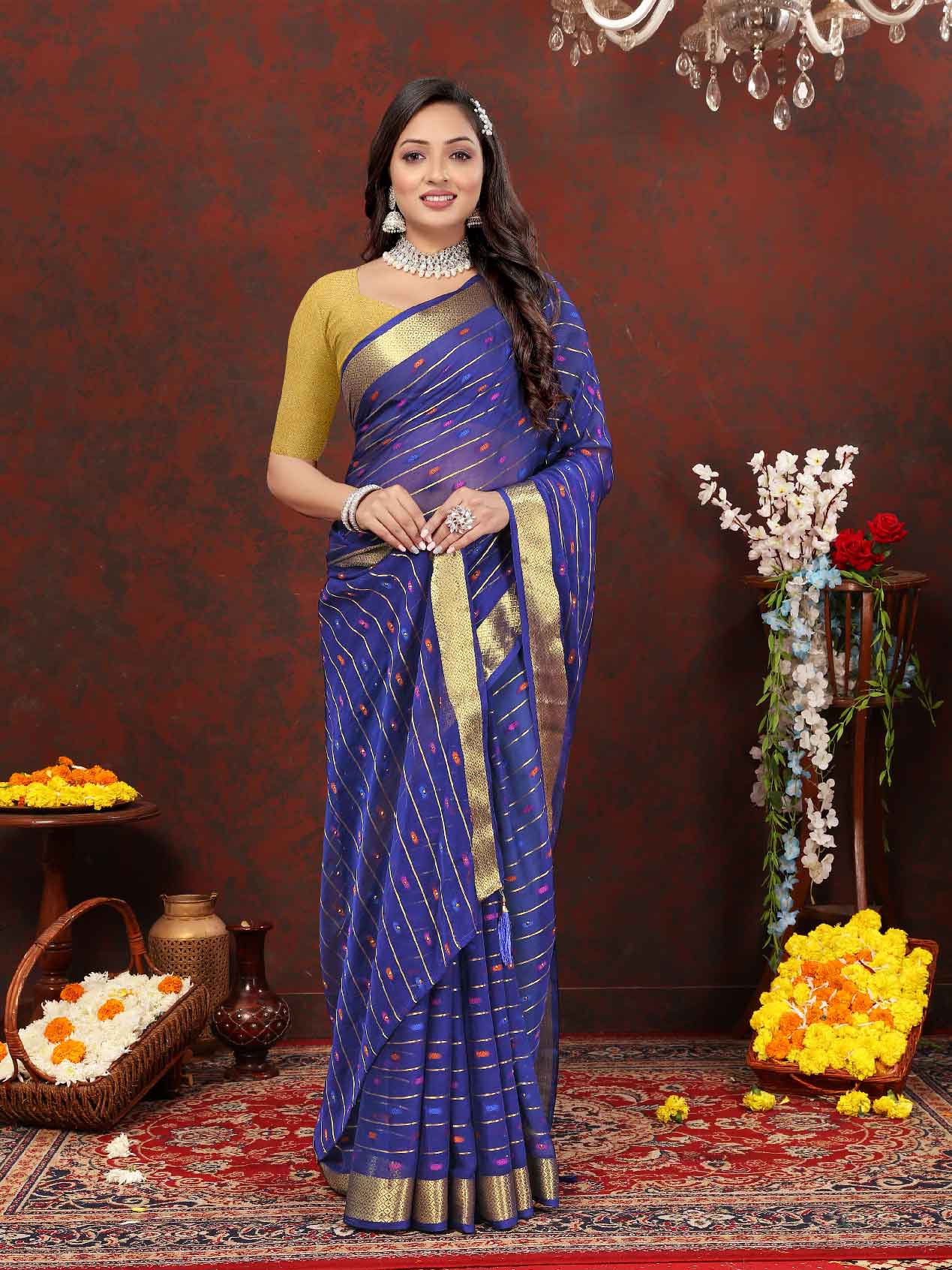 Women's Party Wear Woven Stripe Navy Blue Chiffon Saree with Zari Work