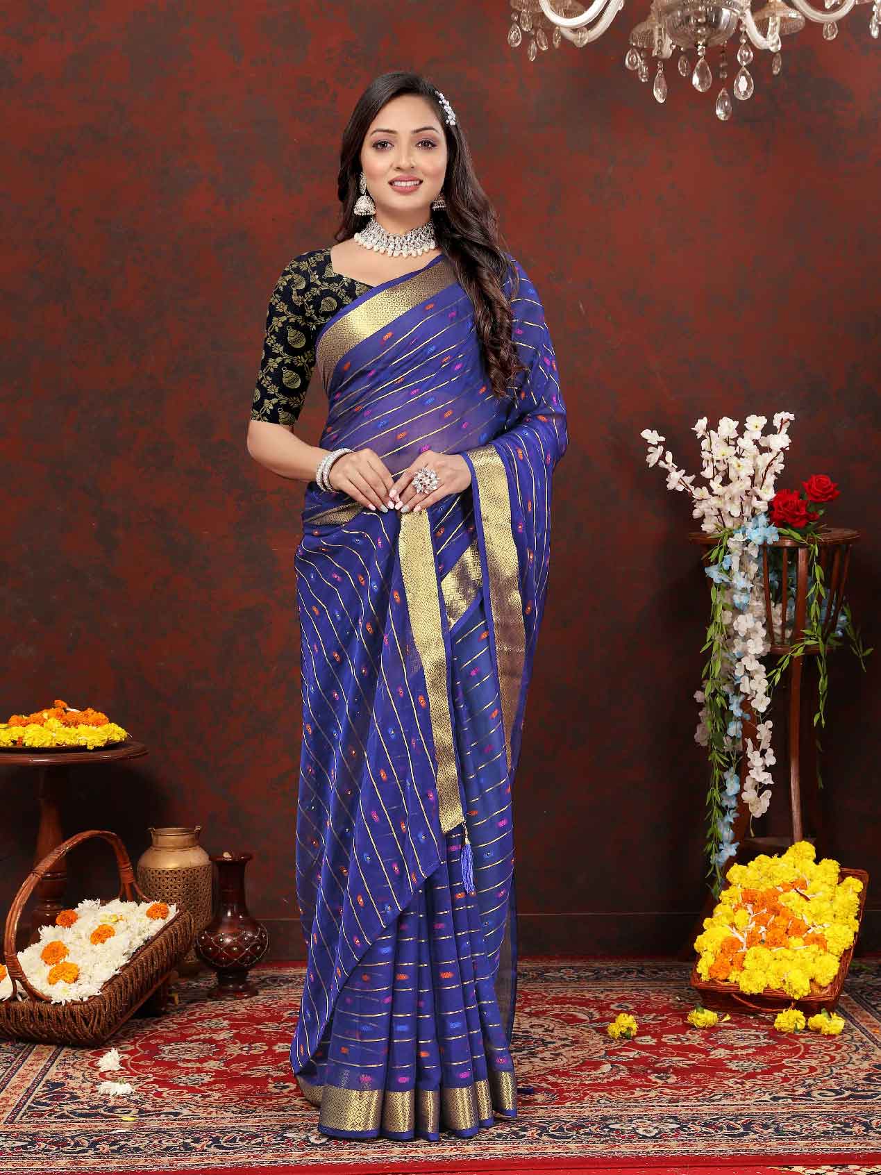 Wedding & Festive Wear Women's Woven Stripe Navy Blue Chiffon Saree with Zari Work