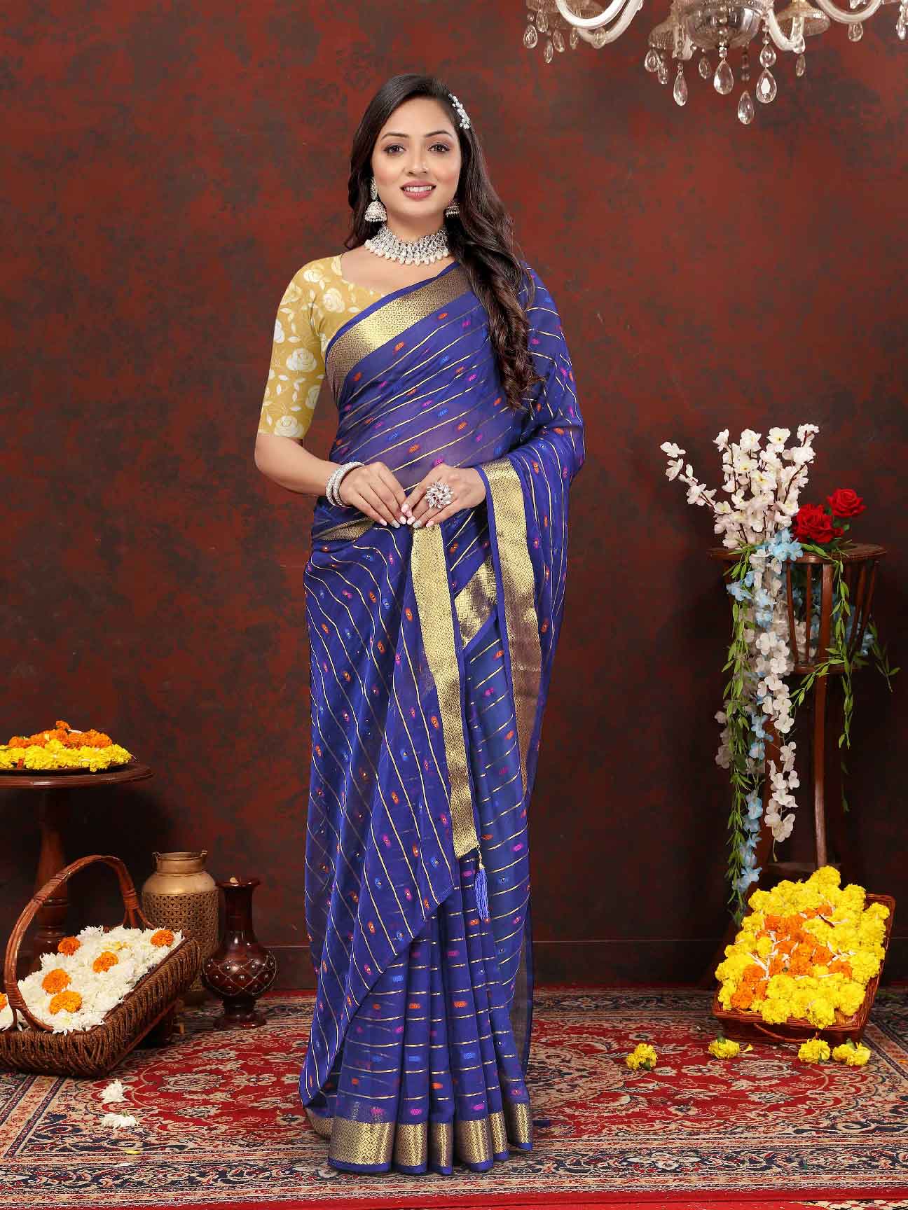 Women's Festive Wear Woven Stripe Navy Blue Chiffon Saree with Zari Work