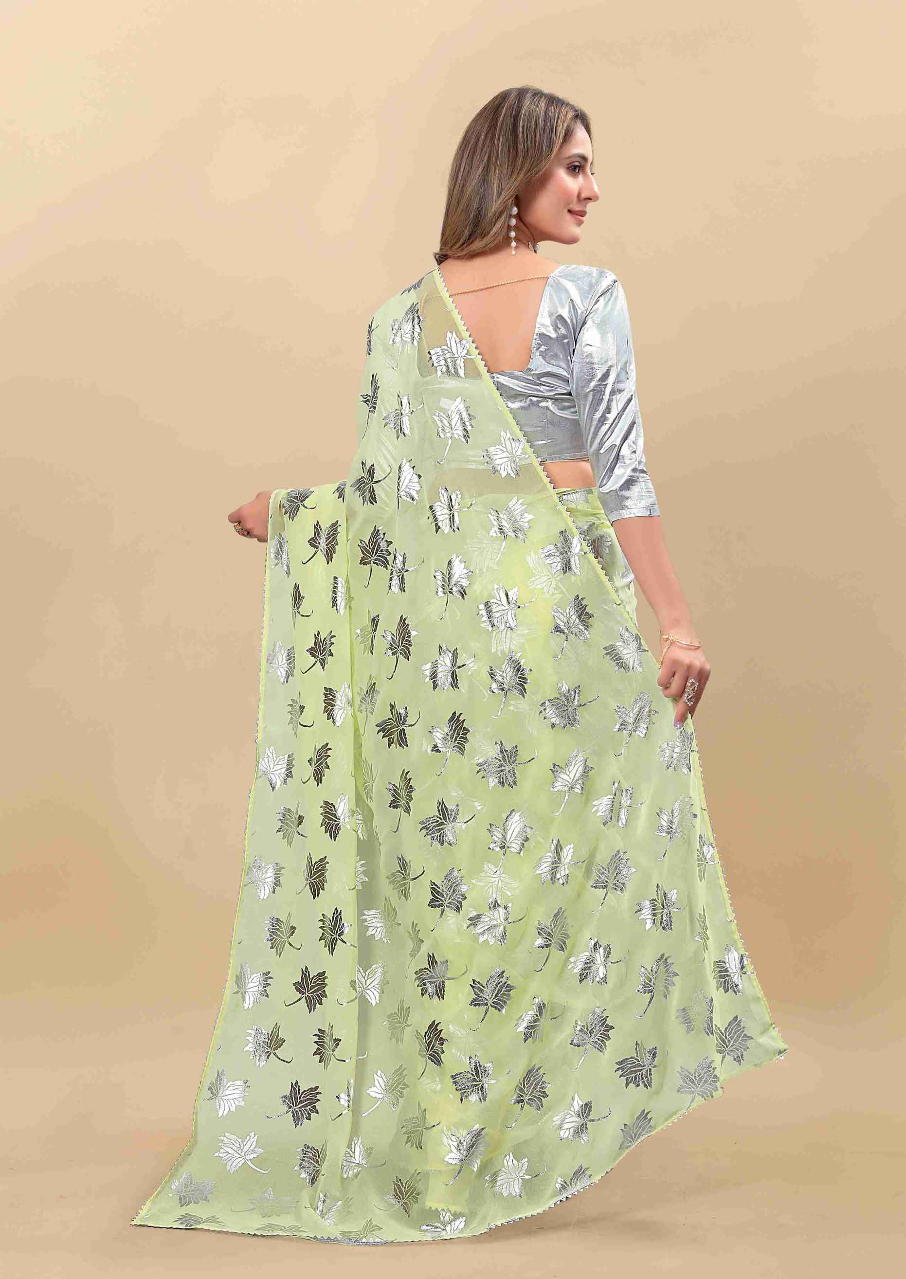 Women's Leaf Print Lace Border Work Yellow Georgette Saree with Blouse