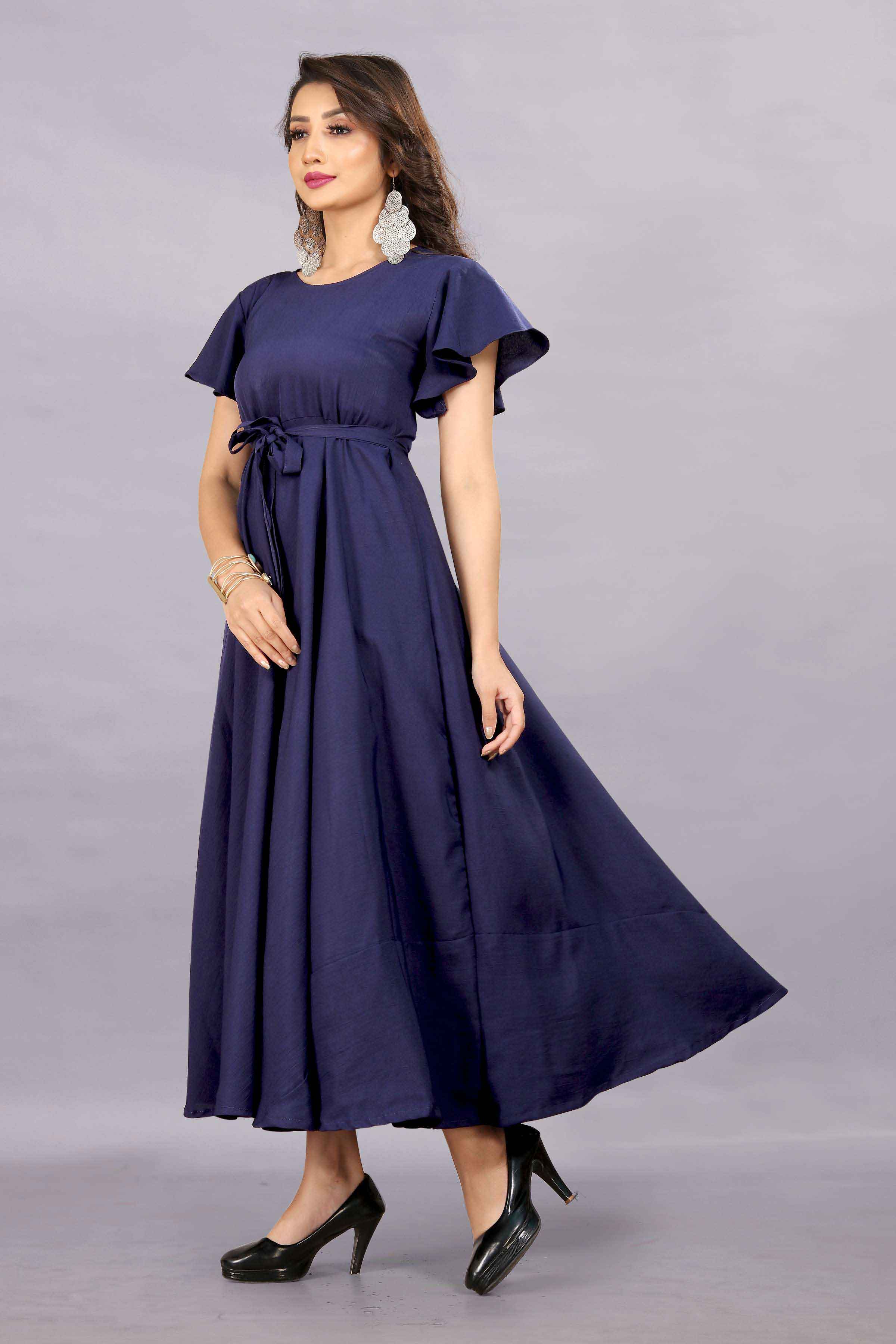 Women's A-Line Flared Maxi Gown with Pocket and Belt - Navy Blue