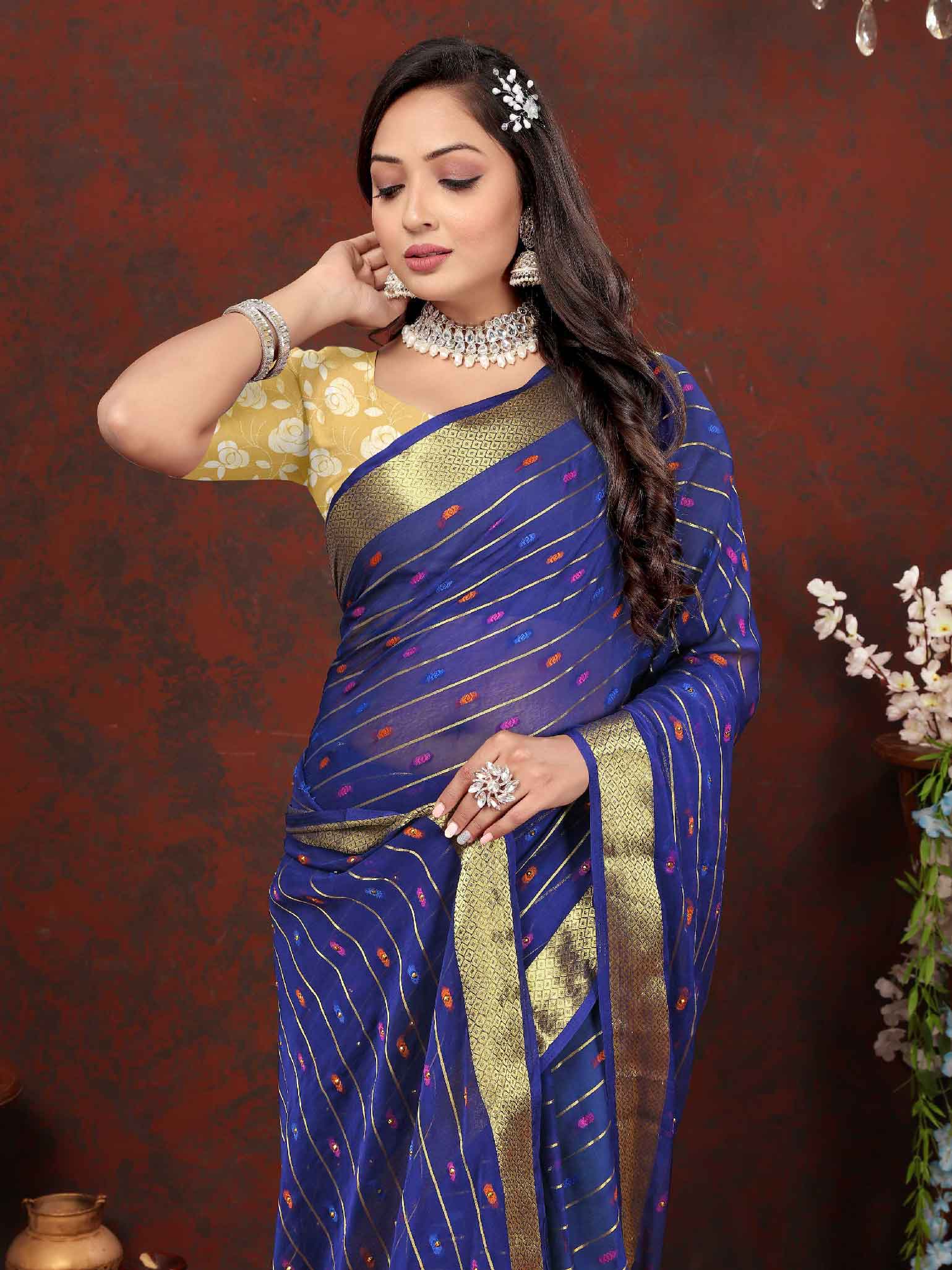 Women's Festive Wear Woven Stripe Navy Blue Chiffon Saree with Zari Work