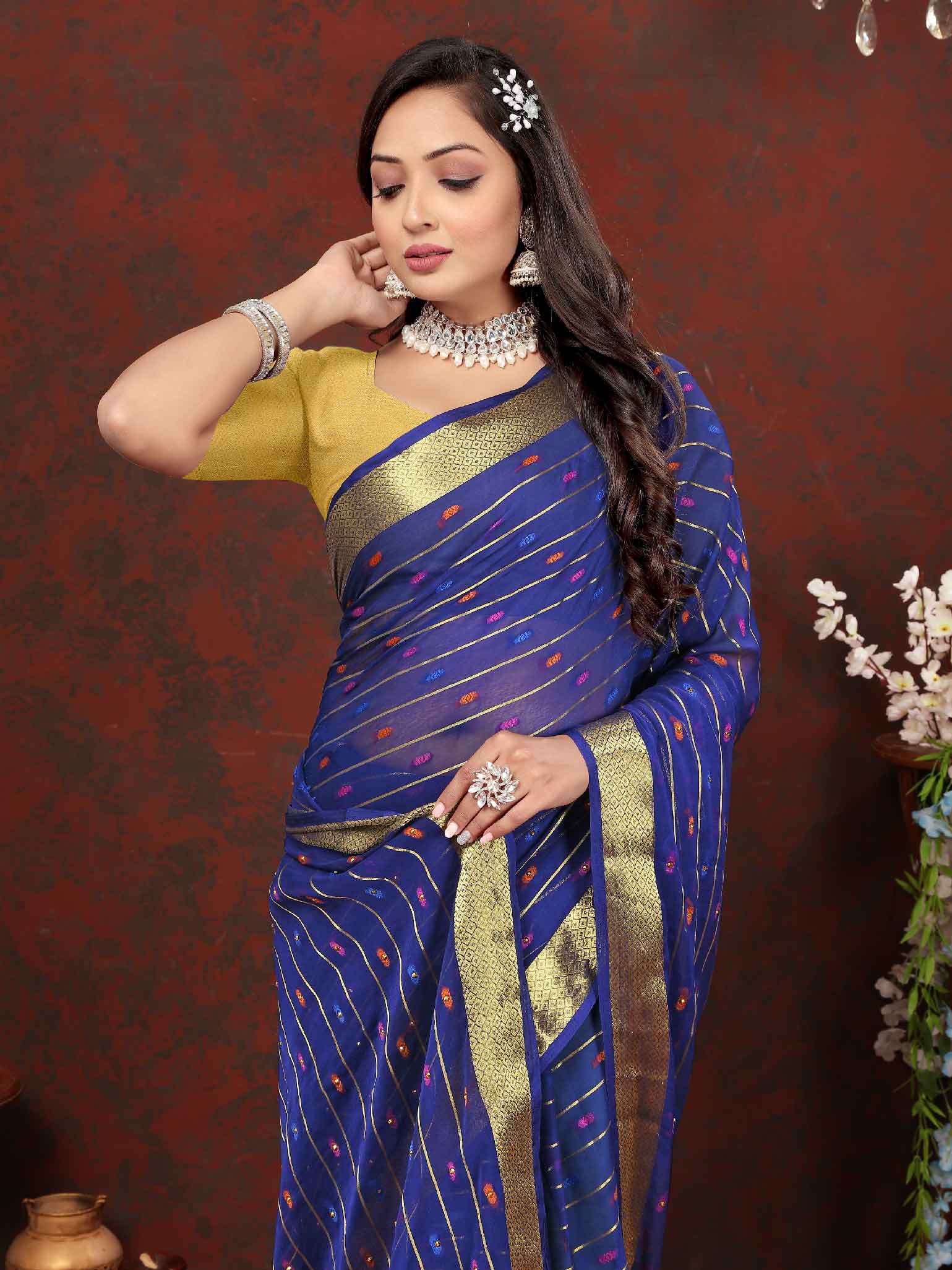 Women's Party Wear Woven Stripe Navy Blue Chiffon Saree with Zari Work