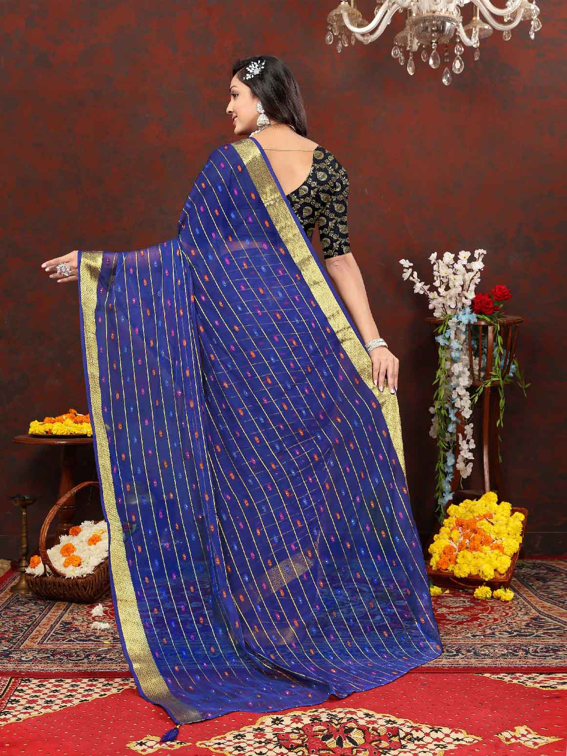 Wedding & Festive Wear Women's Woven Stripe Navy Blue Chiffon Saree with Zari Work