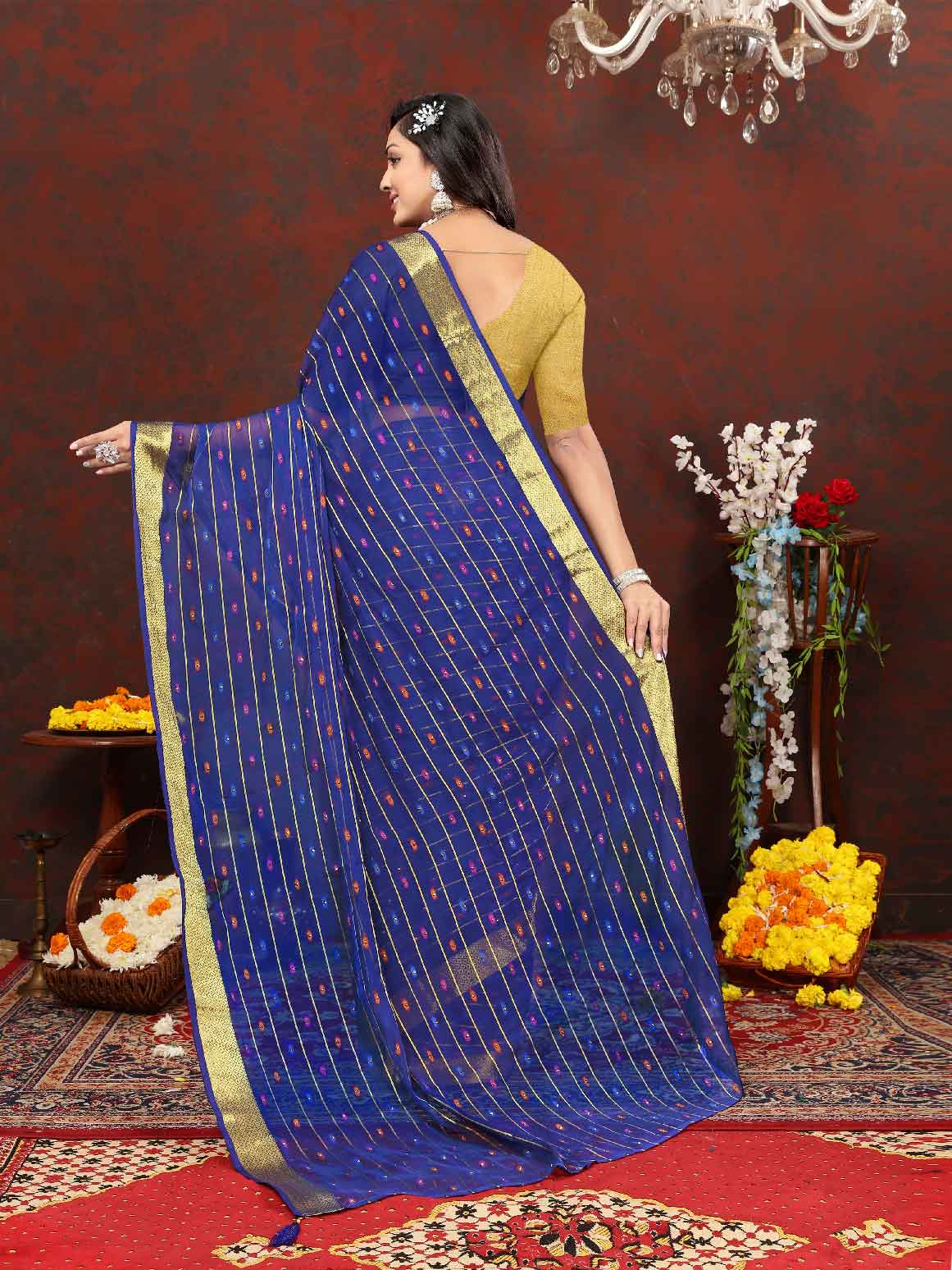 Women's Party Wear Woven Stripe Navy Blue Chiffon Saree with Zari Work