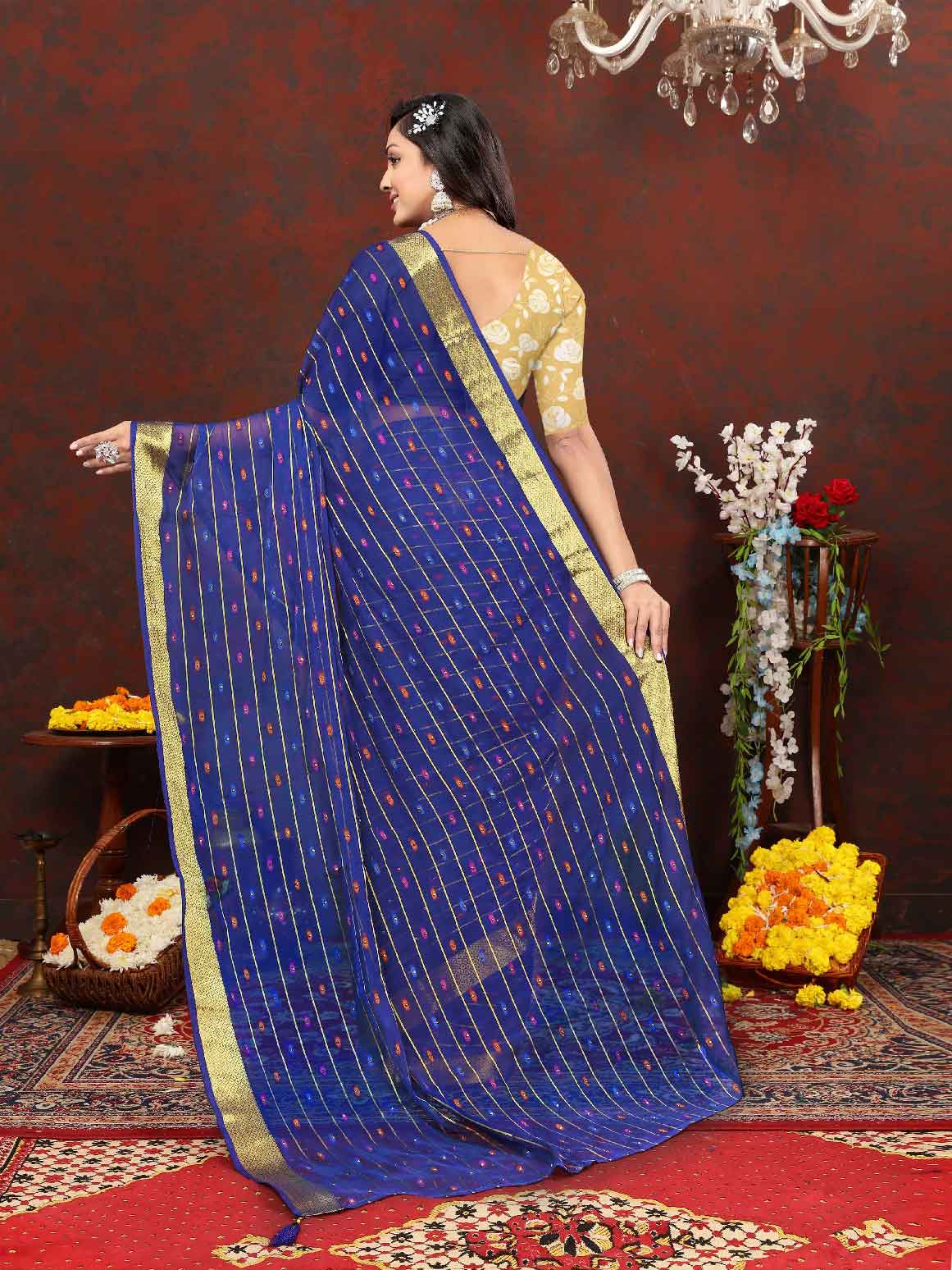 Women's Festive Wear Woven Stripe Navy Blue Chiffon Saree with Zari Work