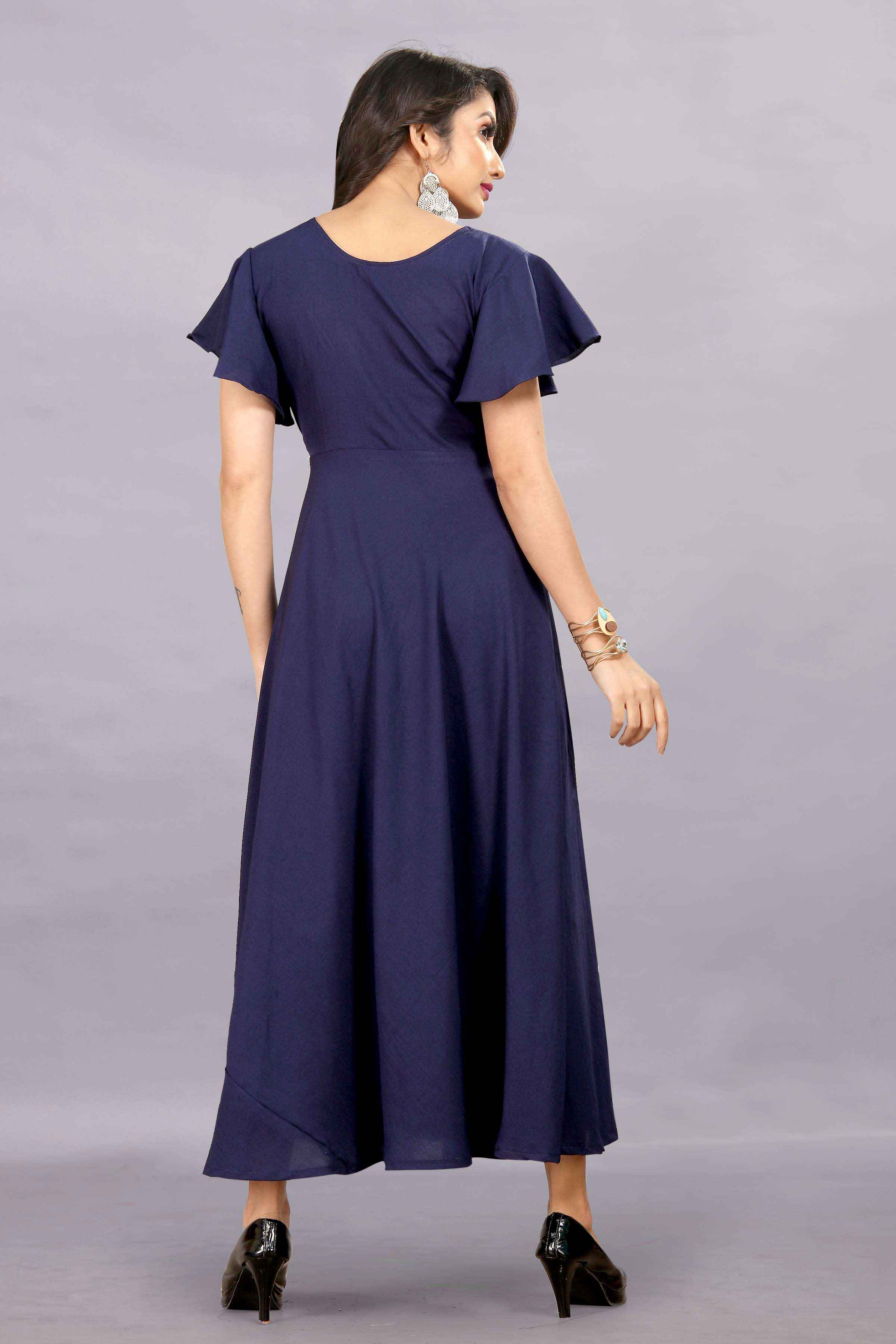 Women's A-Line Flared Maxi Gown with Pocket and Belt - Navy Blue