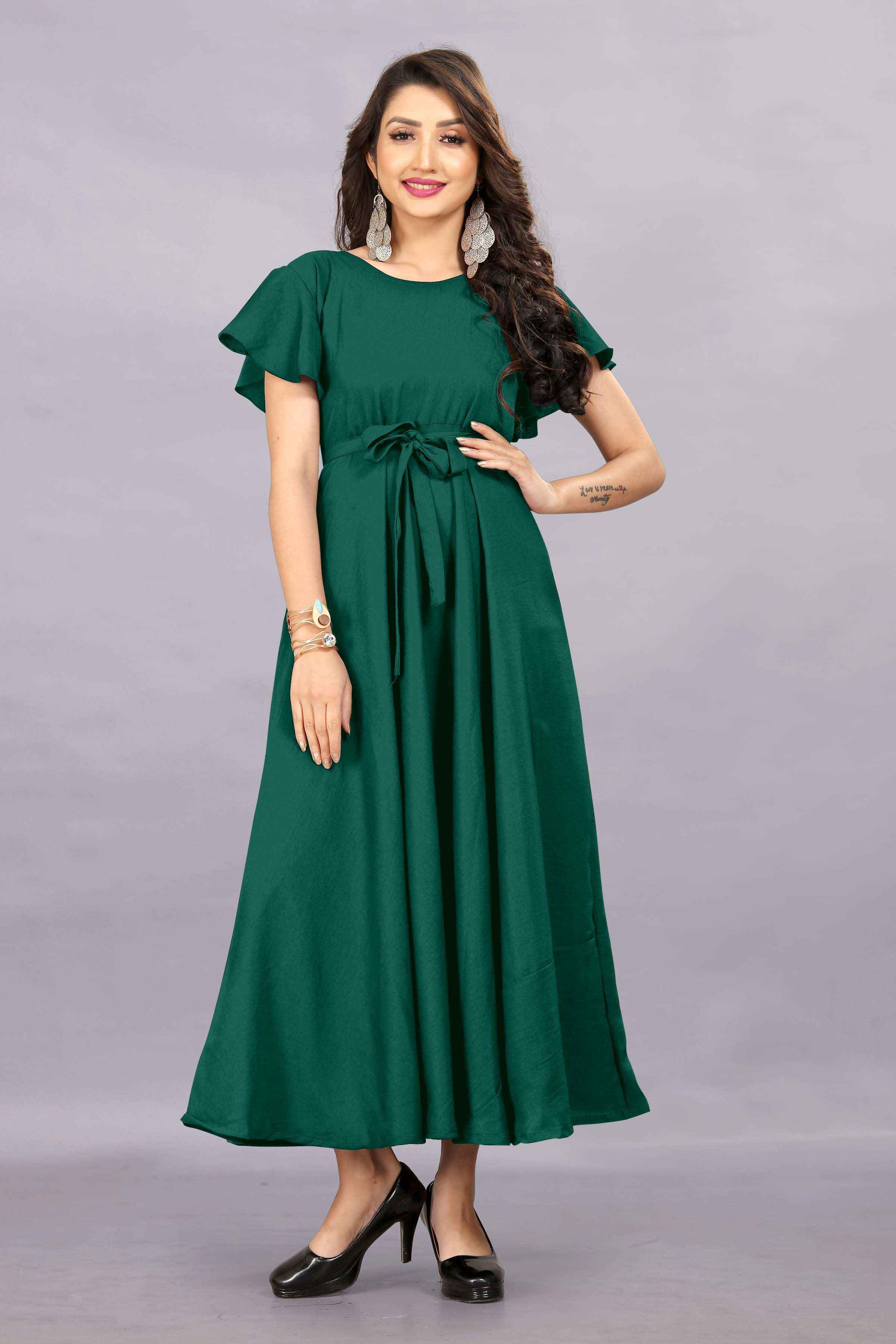 Women's A-Line Flared Maxi Gown with Pocket and Belt - Dark Green