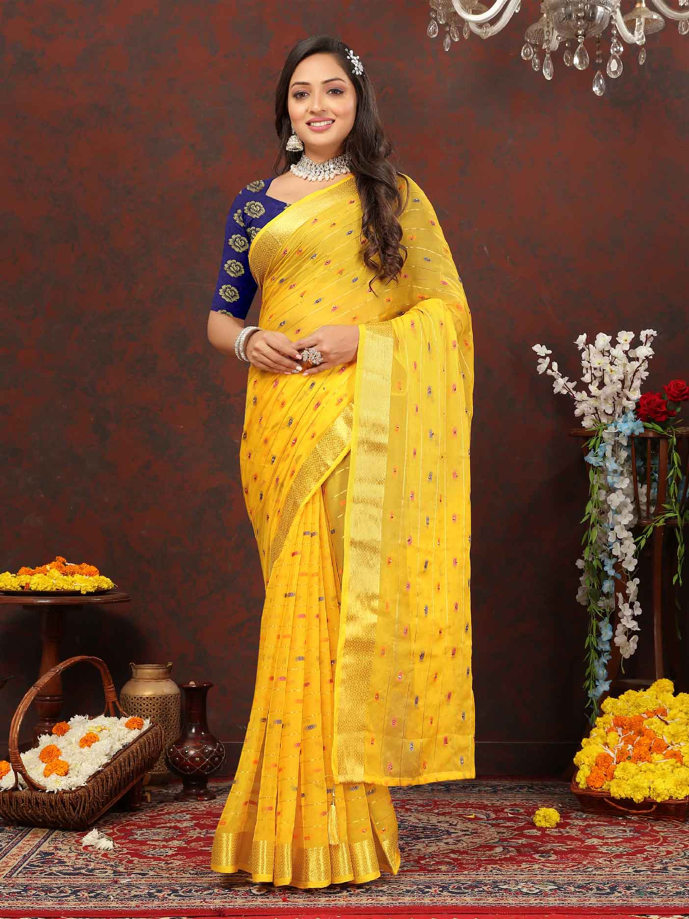 Glamorous Women's Party Wear Yellow Chiffon Saree with Woven Stripe Zari Border and Tassels - Elevate your look with this stunning ensemble! Perfect for special occasions, this saree boasts intricate zari detailing and playful tassels for a touch of elegance. Stand out and make a statement in this luxurious saree. Don't miss the chance to add this timeless piece to your wardrobe and shine bright at any event