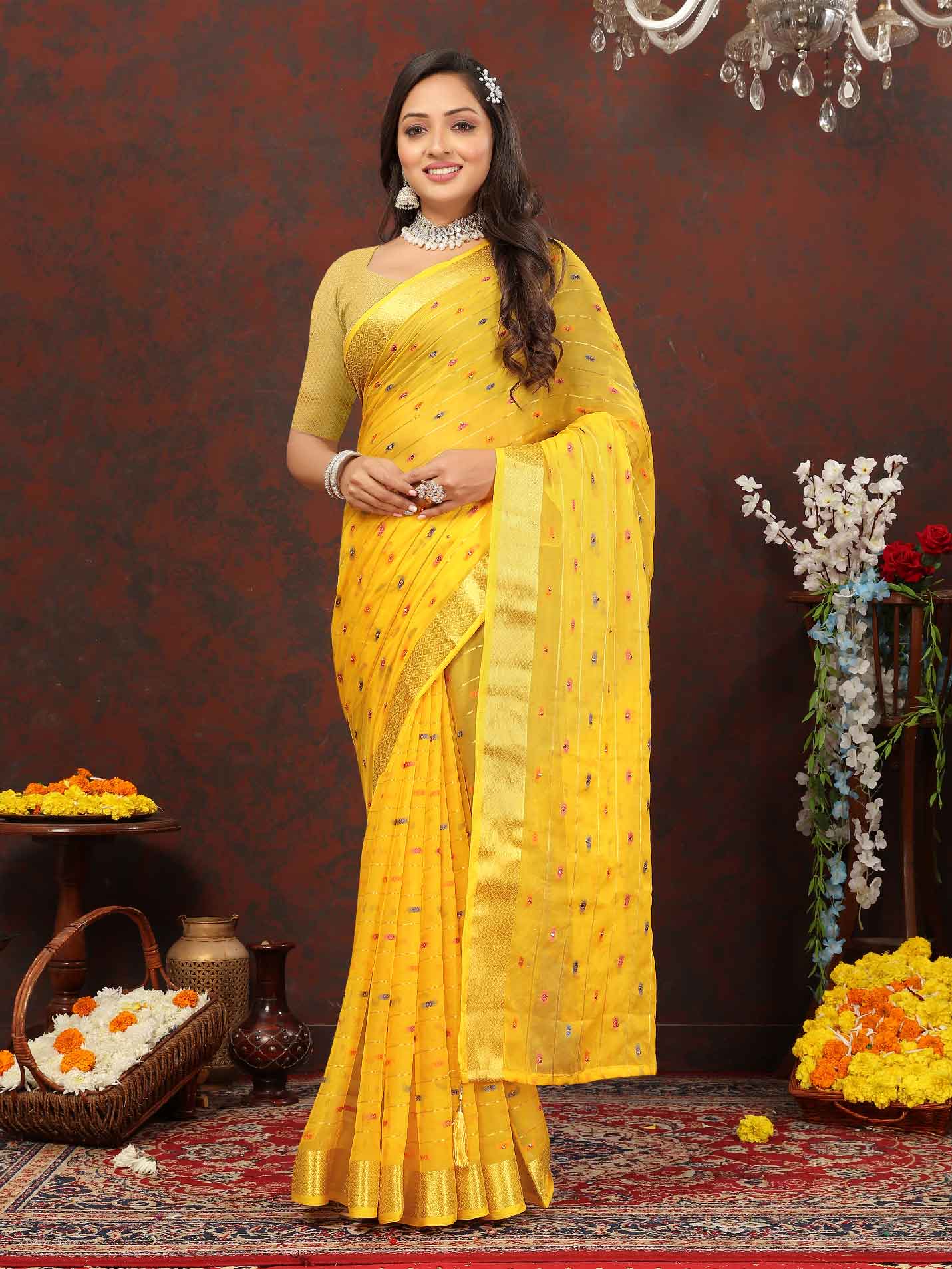 Women's Party Wear Woven Stripe Yellow Chiffon Saree with Zari Work