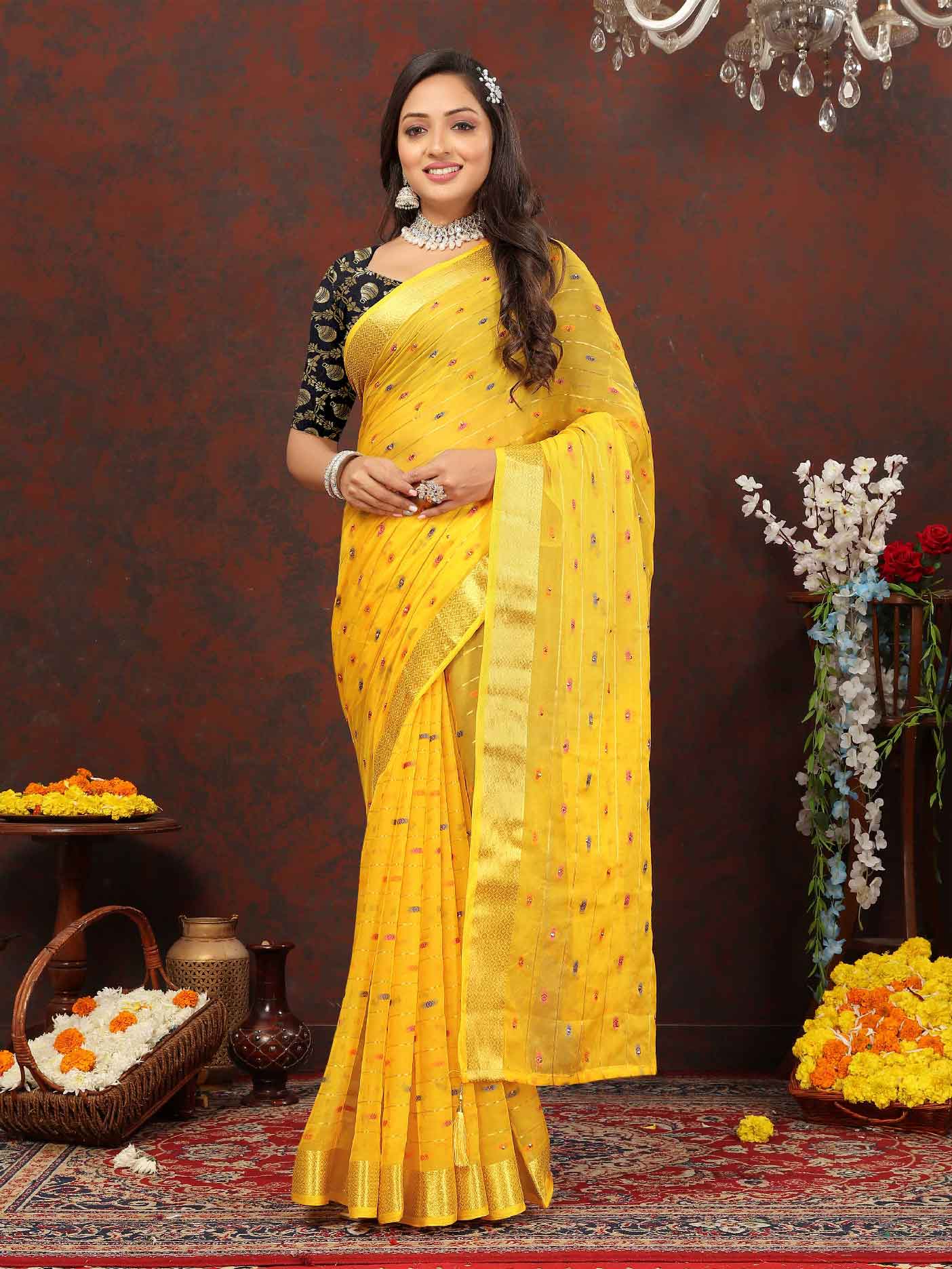 Wedding & Festive Wear Women's Woven Stripe Yellow Chiffon Saree with Zari Work