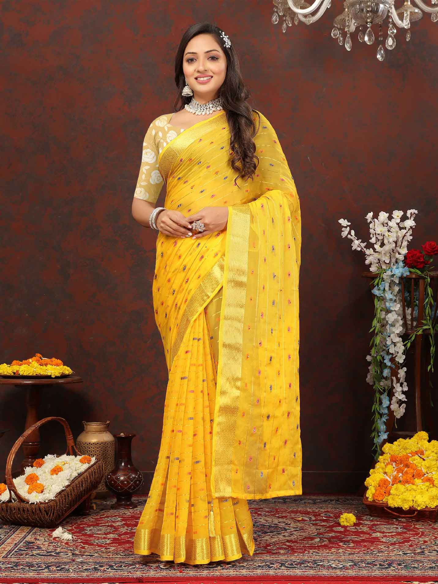 Women's Festive Wear Woven Stripe Yellow Chiffon Saree with Zari Work