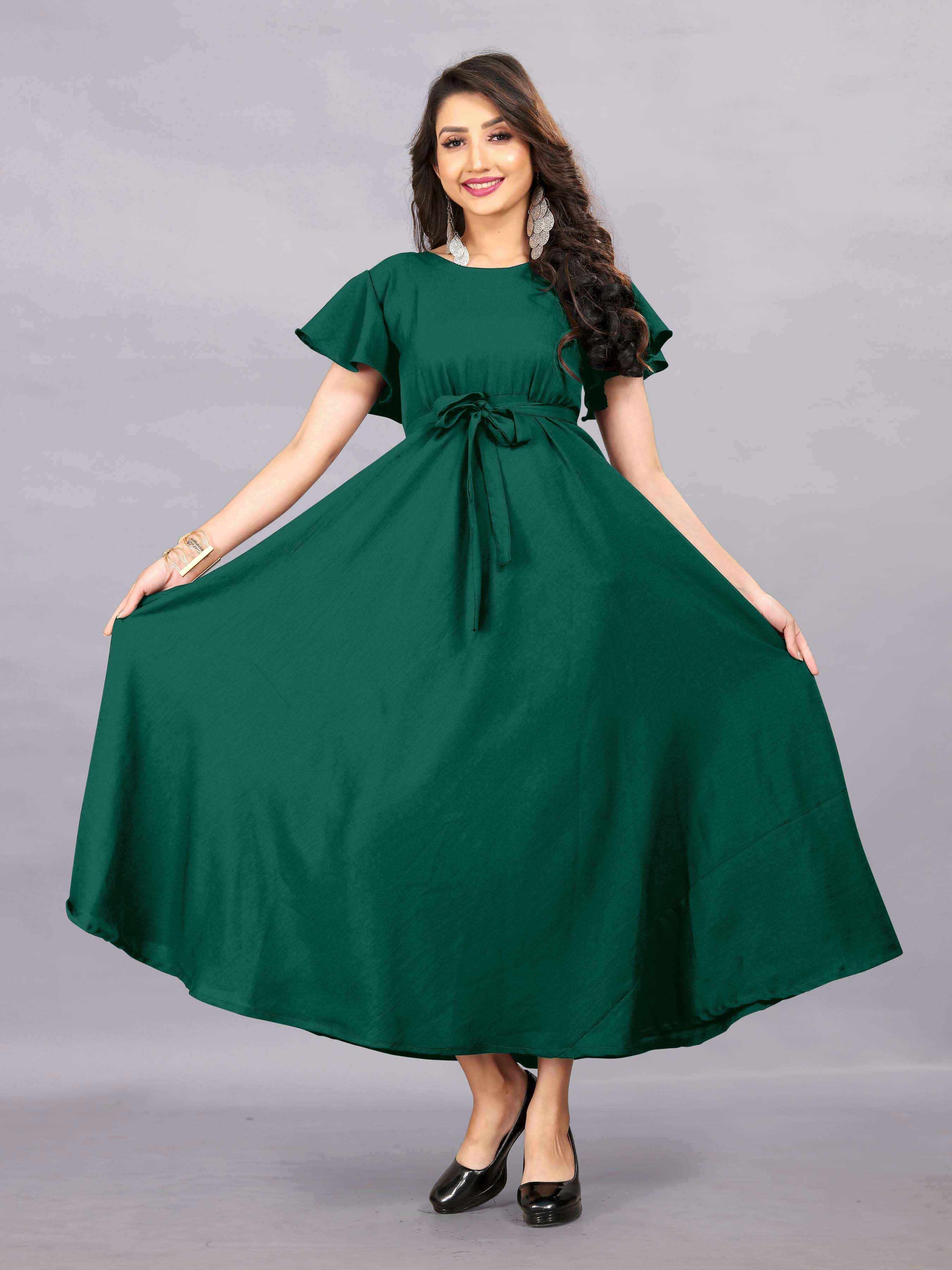 Women's A-Line Flared Maxi Gown with Pocket and Belt - Dark Green