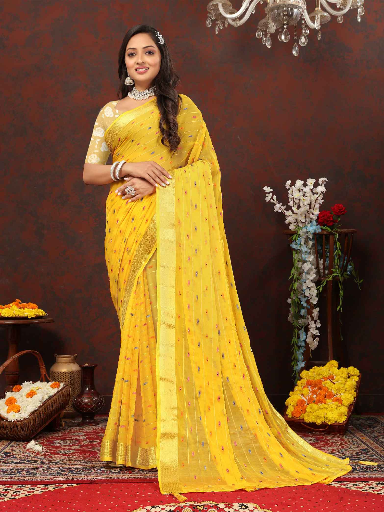 Women's Festive Wear Woven Stripe Yellow Chiffon Saree with Zari Work