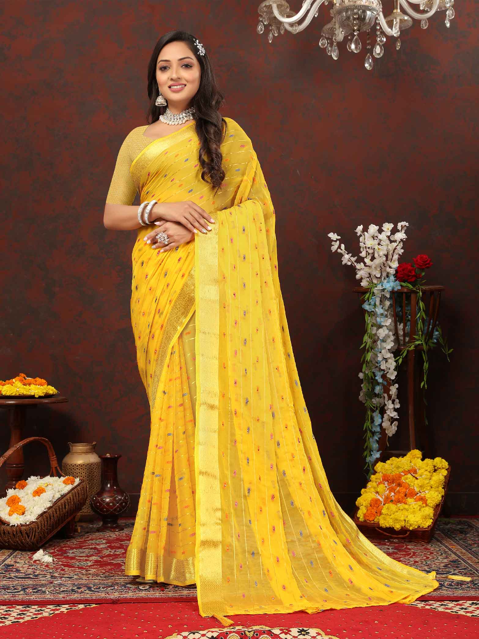 Women's Party Wear Woven Stripe Yellow Chiffon Saree with Zari Work