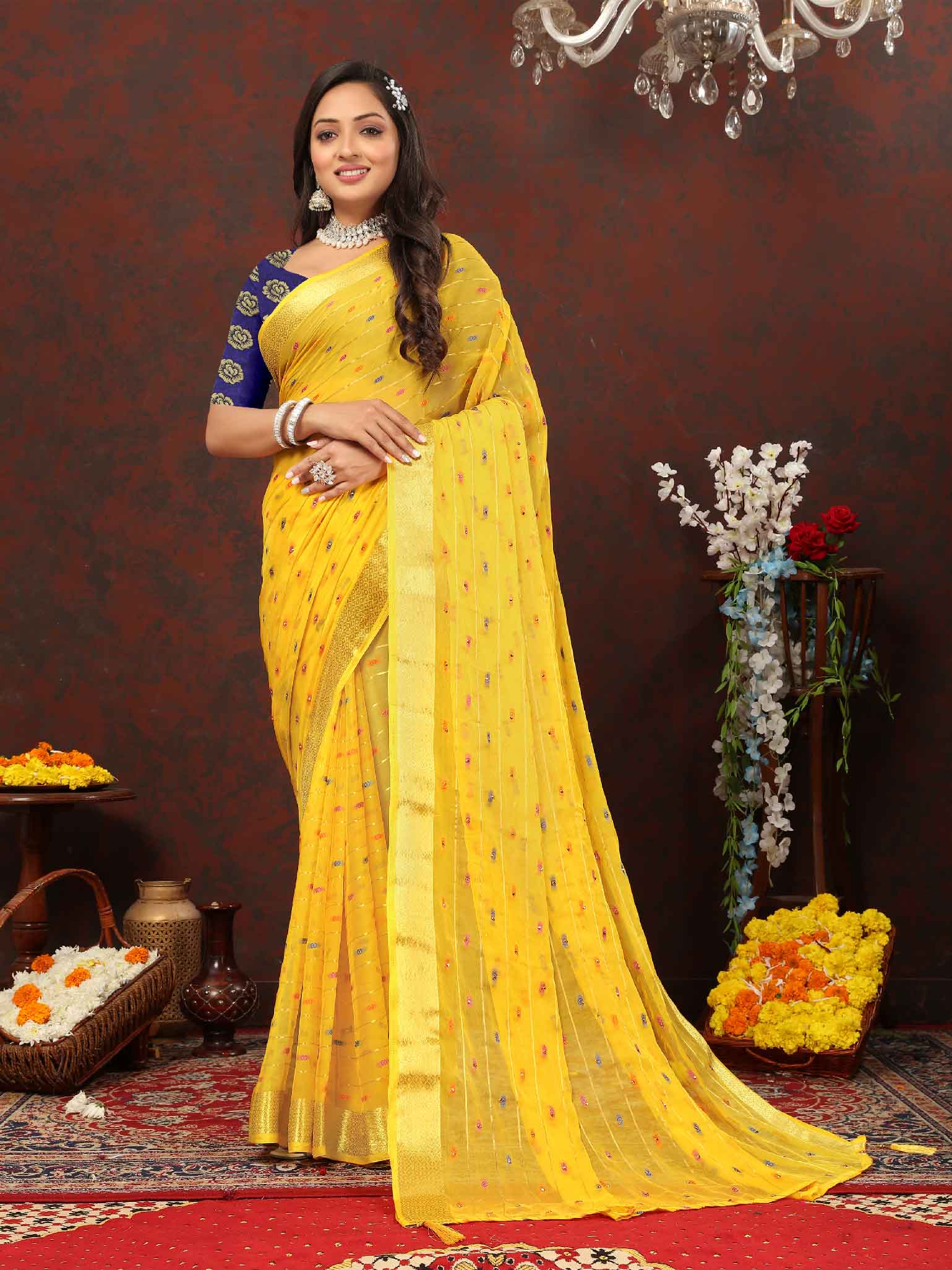 Glamorous Women's Party Wear Yellow Chiffon Saree with Woven Stripe Zari Border and Tassels - Elevate your look with this stunning ensemble! Perfect for special occasions, this saree boasts intricate zari detailing and playful tassels for a touch of elegance. Stand out and make a statement in this luxurious saree. Don't miss the chance to add this timeless piece to your wardrobe and shine bright at any event