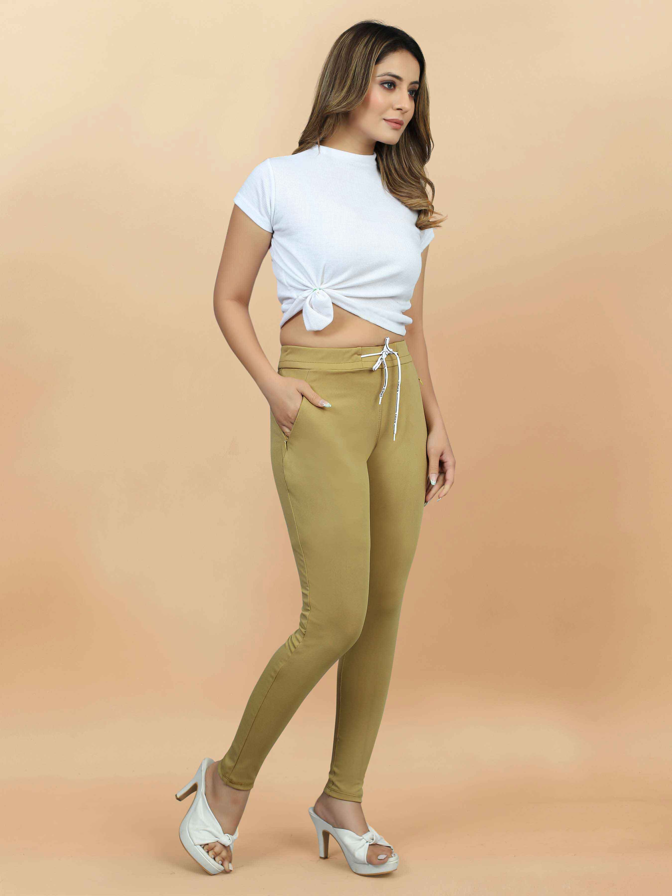 Stylish Causal wear Women's lycra Brown Jeggings with Front Pocket