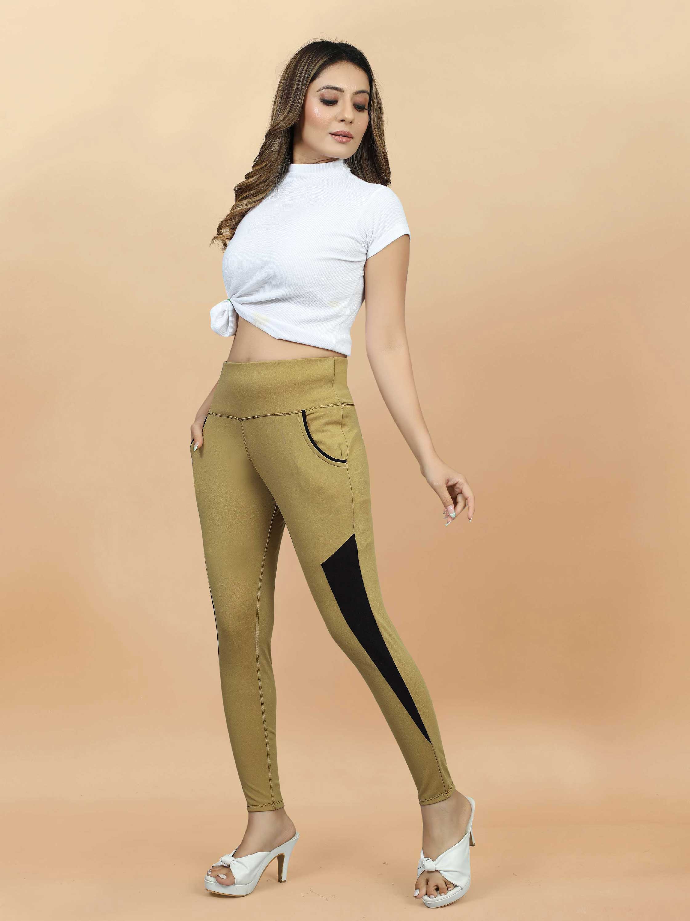 Stylish Sports Wear Women's lycra Brown Jeggings with Front Pocket