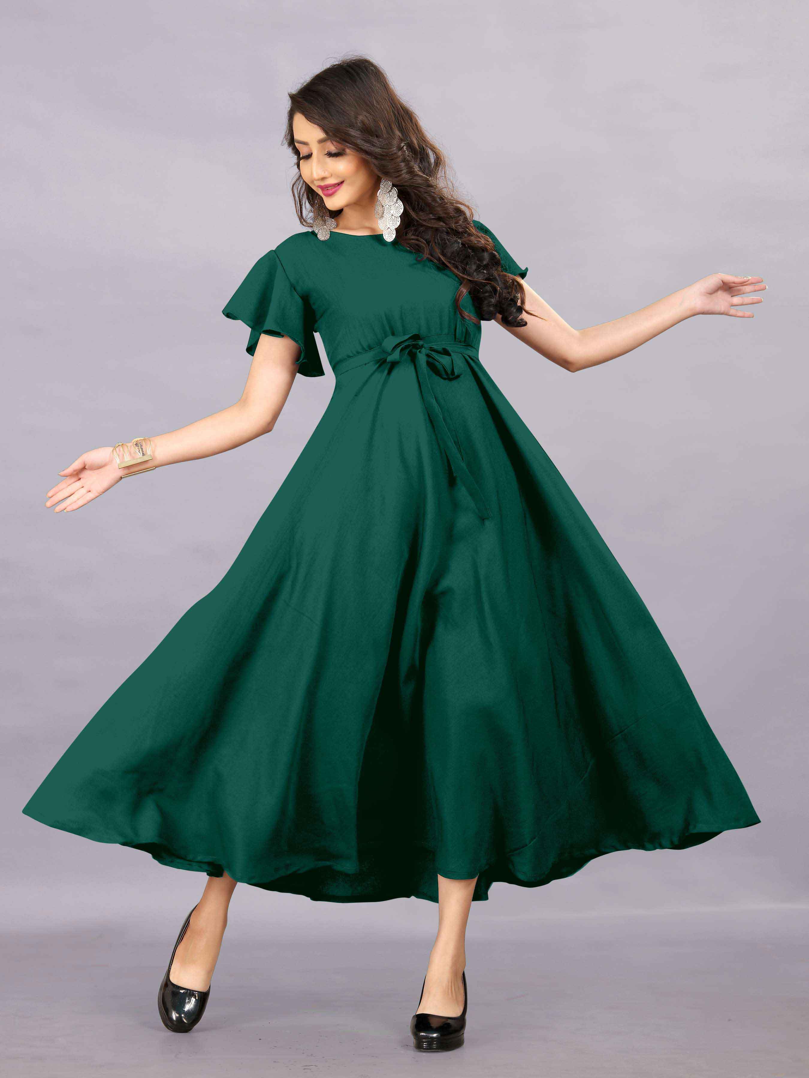 Women's A-Line Flared Maxi Gown with Pocket and Belt - Dark Green