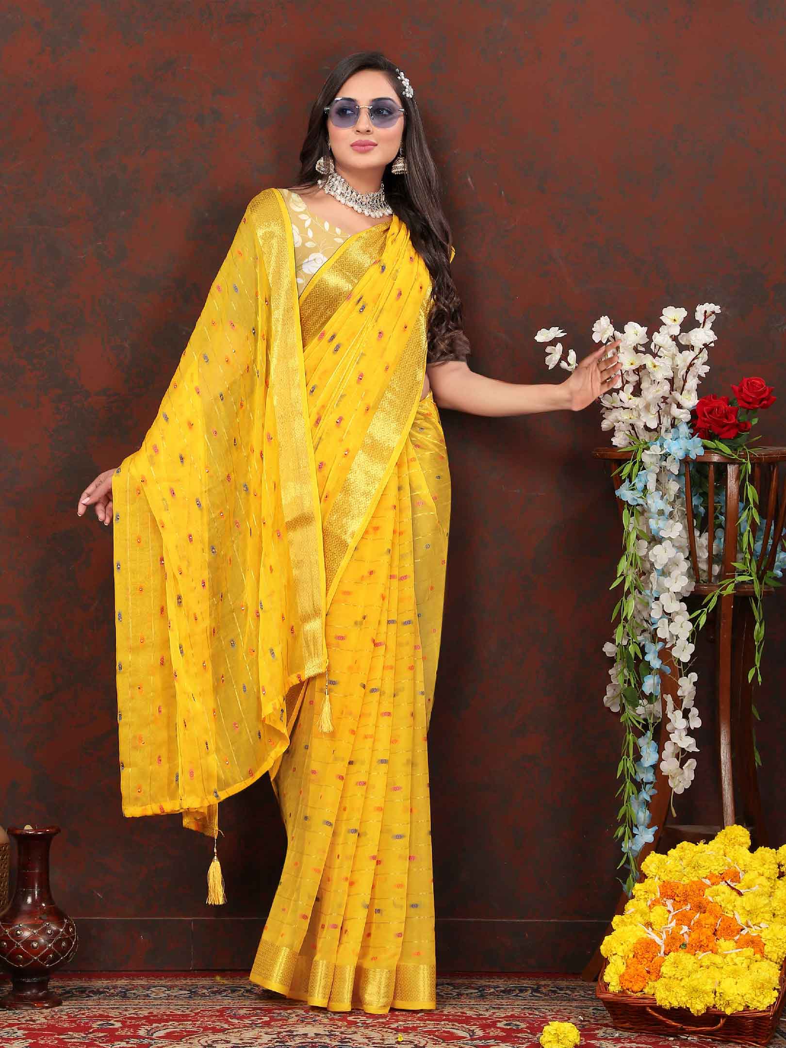 Women's Festive Wear Woven Stripe Yellow Chiffon Saree with Zari Work