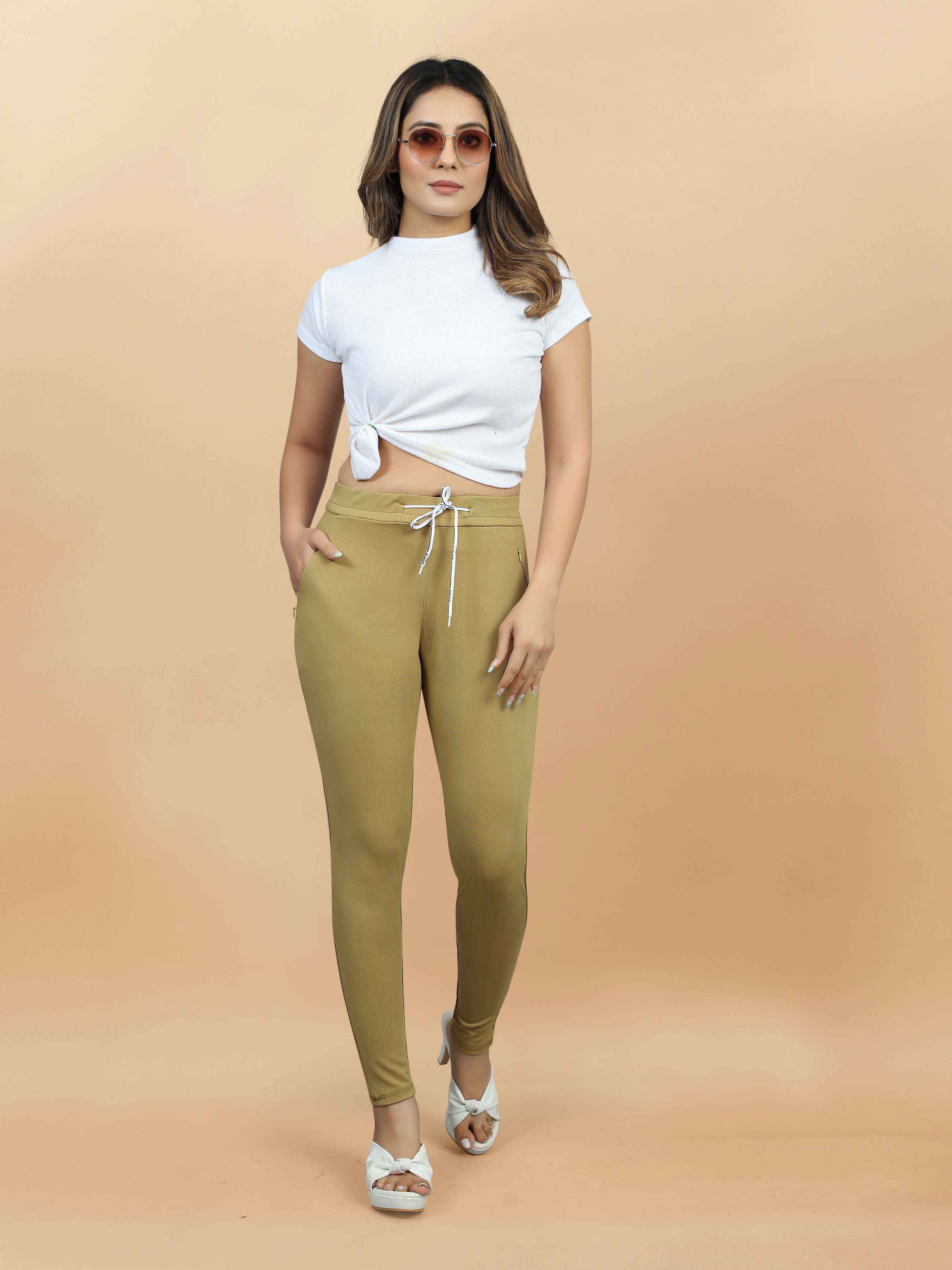 Stylish Causal wear Women's lycra Brown Jeggings with Front Pocket