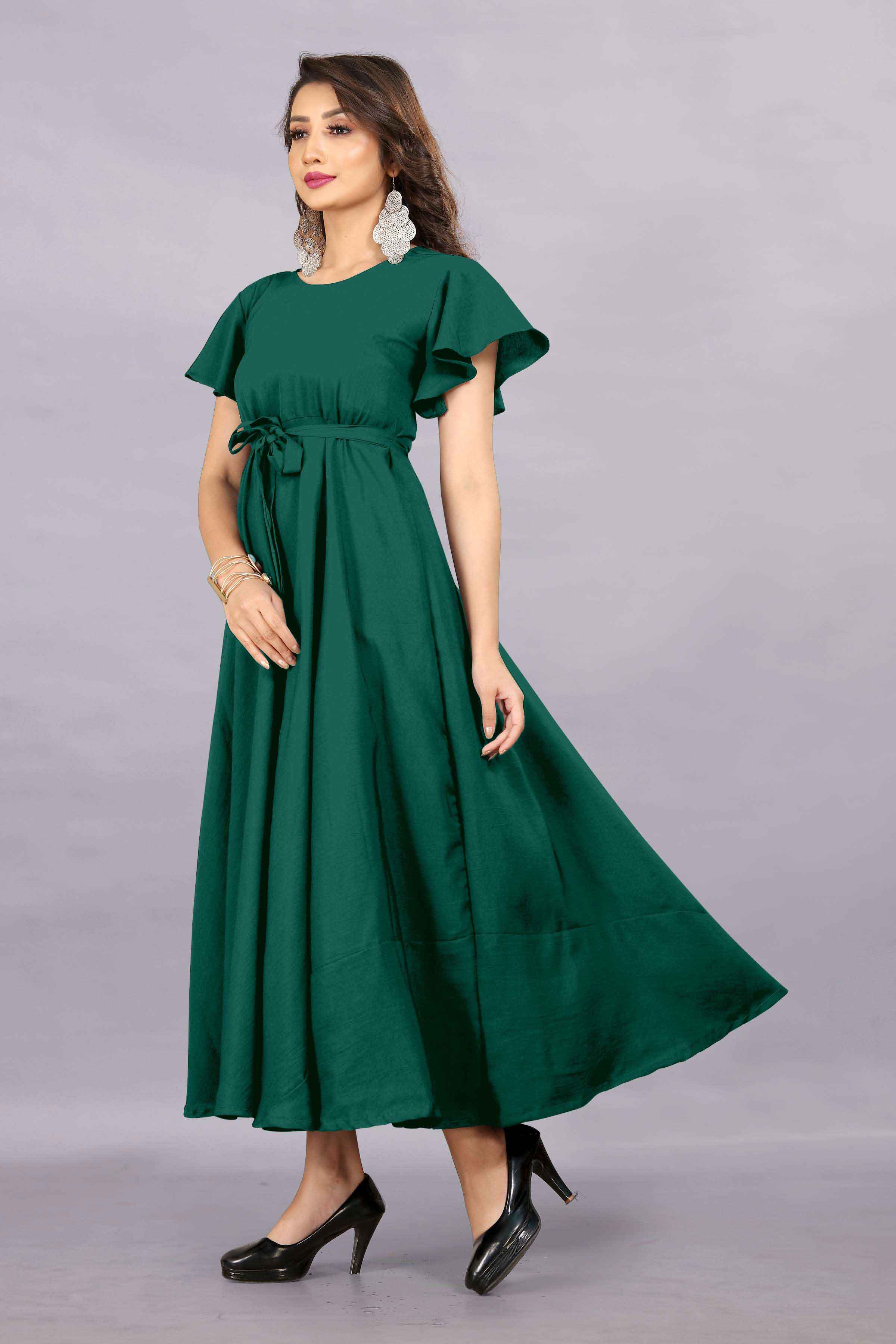 Women's A-Line Flared Maxi Gown with Pocket and Belt - Dark Green