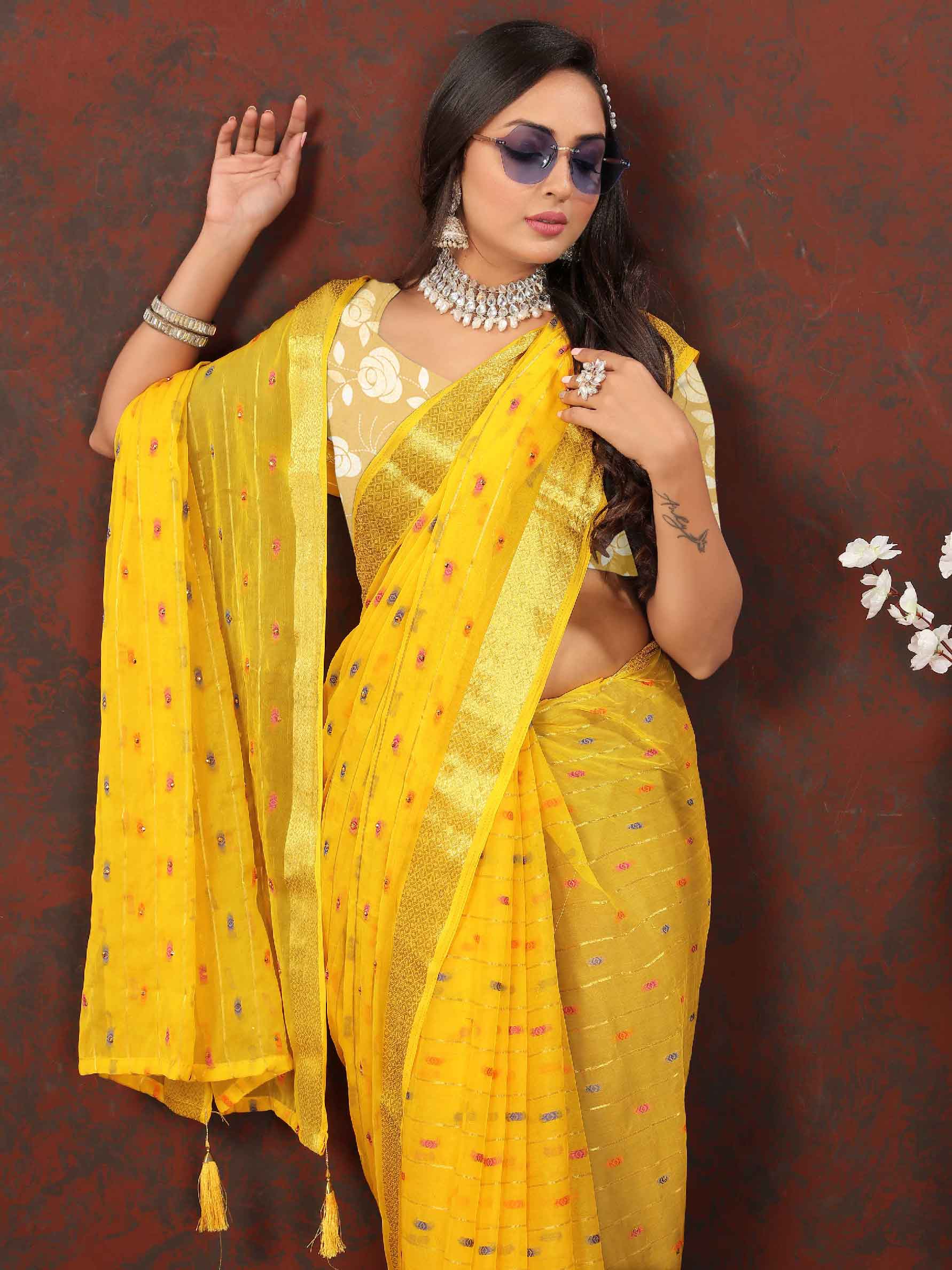 Women's Festive Wear Woven Stripe Yellow Chiffon Saree with Zari Work