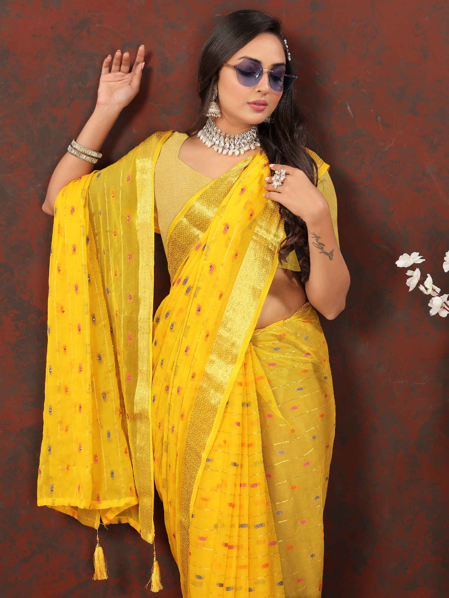 Women's Party Wear Woven Stripe Yellow Chiffon Saree with Zari Work