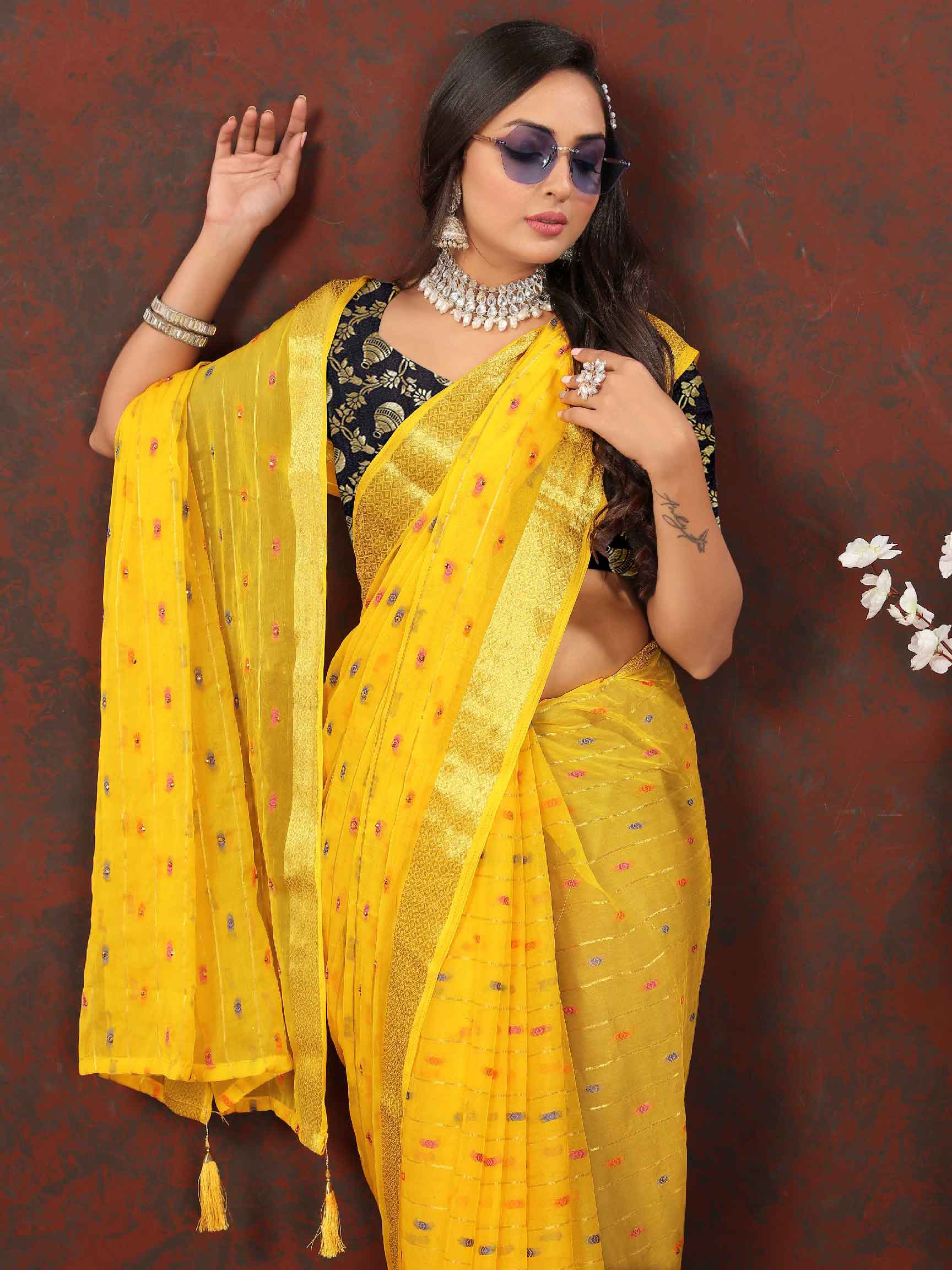 Wedding & Festive Wear Women's Woven Stripe Yellow Chiffon Saree with Zari Work