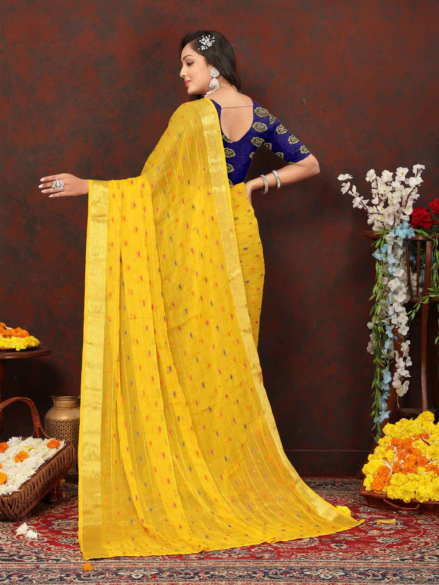 Glamorous Women's Party Wear Yellow Chiffon Saree with Woven Stripe Zari Border and Tassels - Elevate your look with this stunning ensemble! Perfect for special occasions, this saree boasts intricate zari detailing and playful tassels for a touch of elegance. Stand out and make a statement in this luxurious saree. Don't miss the chance to add this timeless piece to your wardrobe and shine bright at any event