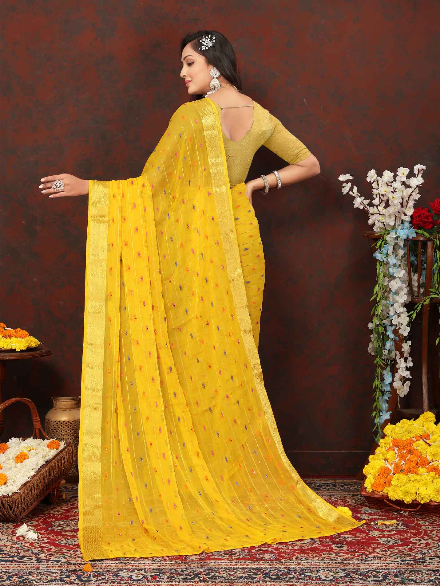 Women's Party Wear Woven Stripe Yellow Chiffon Saree with Zari Work