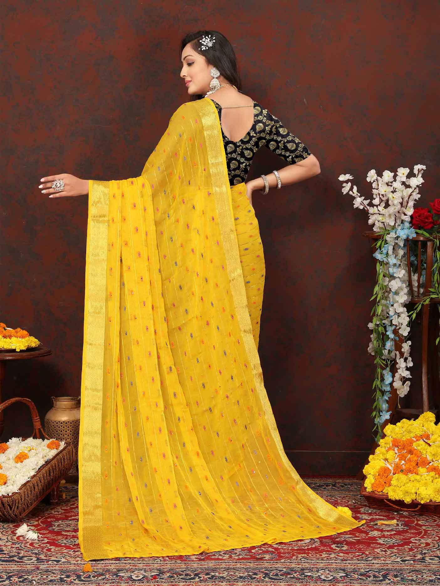 Wedding & Festive Wear Women's Woven Stripe Yellow Chiffon Saree with Zari Work