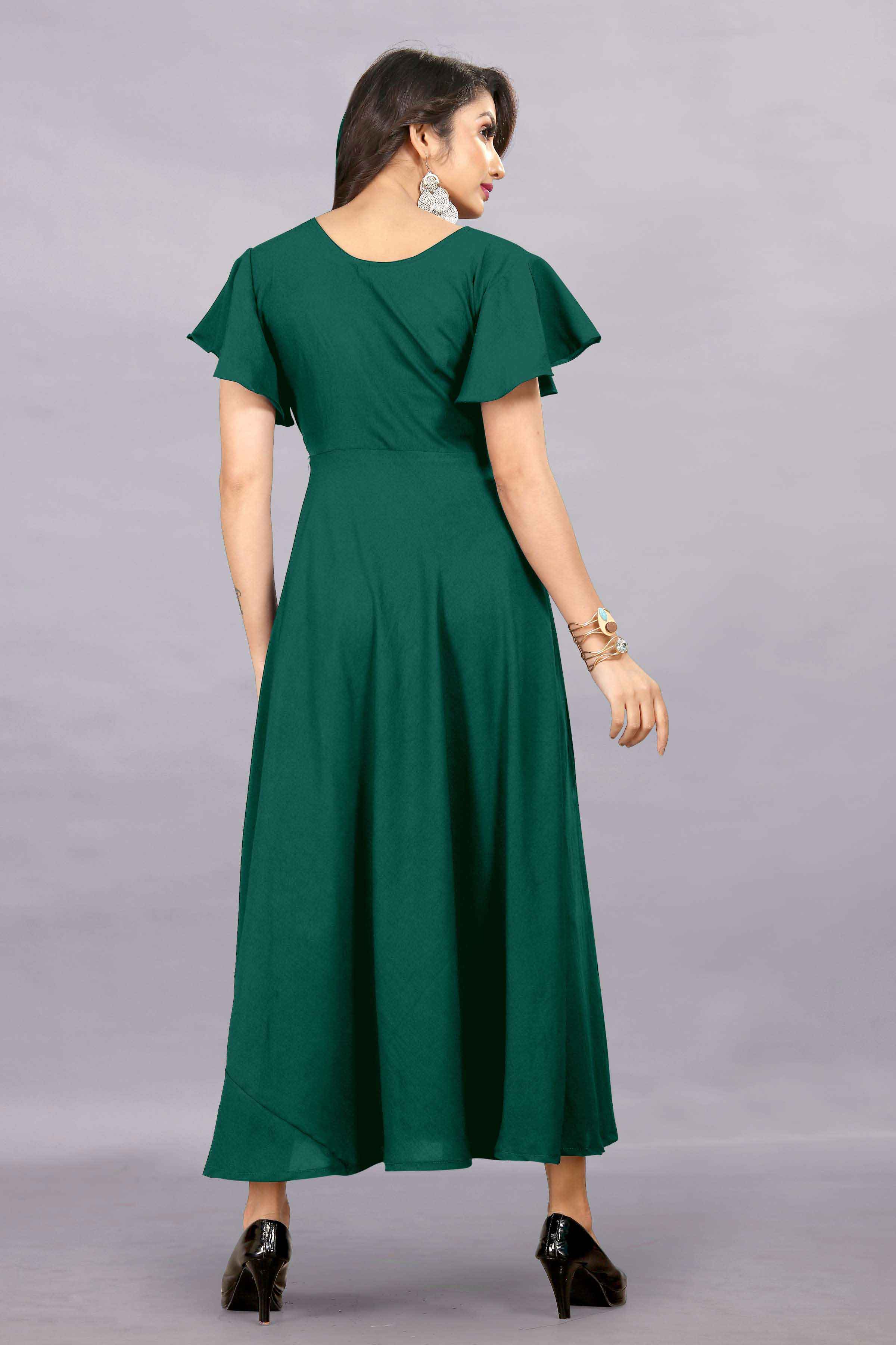 Women's A-Line Flared Maxi Gown with Pocket and Belt - Dark Green