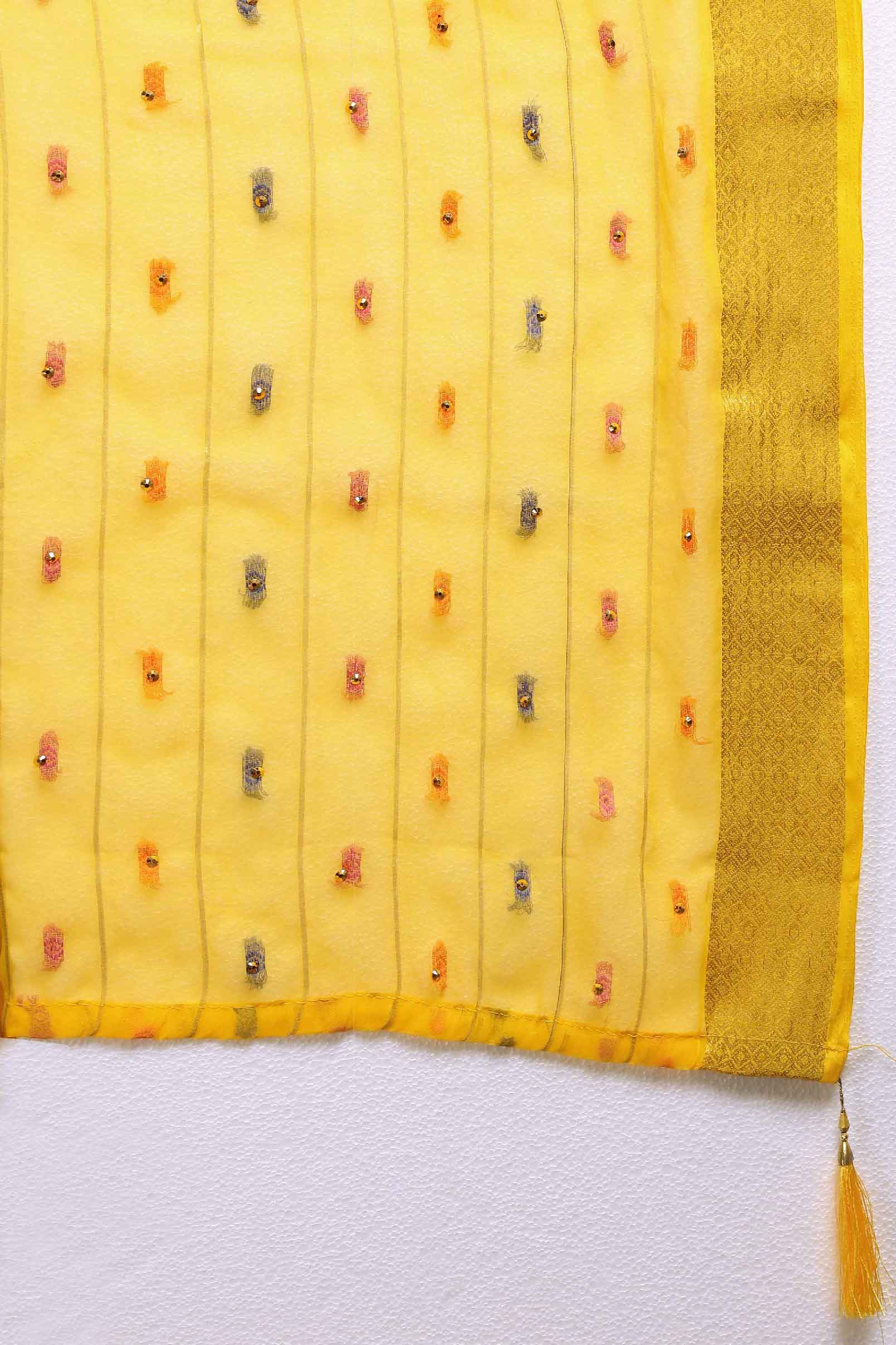 Women's Festive Wear Woven Stripe Yellow Chiffon Saree with Zari Work