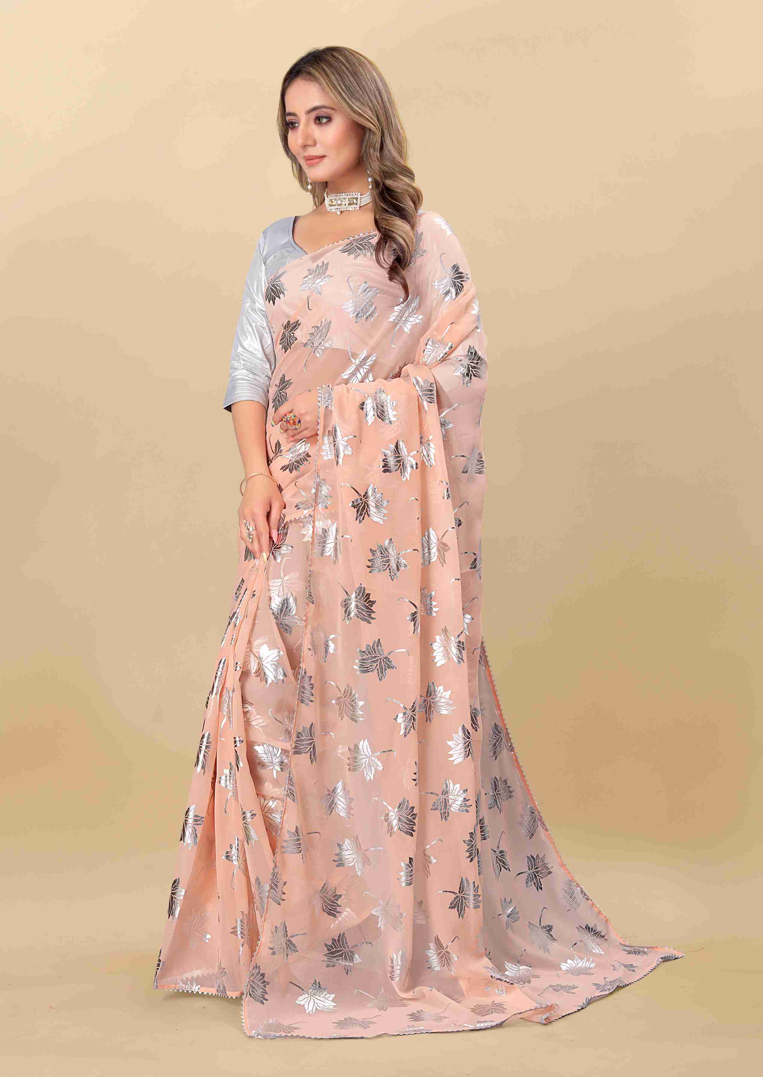 Women's Leaf Print Lace Border Work Peach Georgette Saree with Blouse