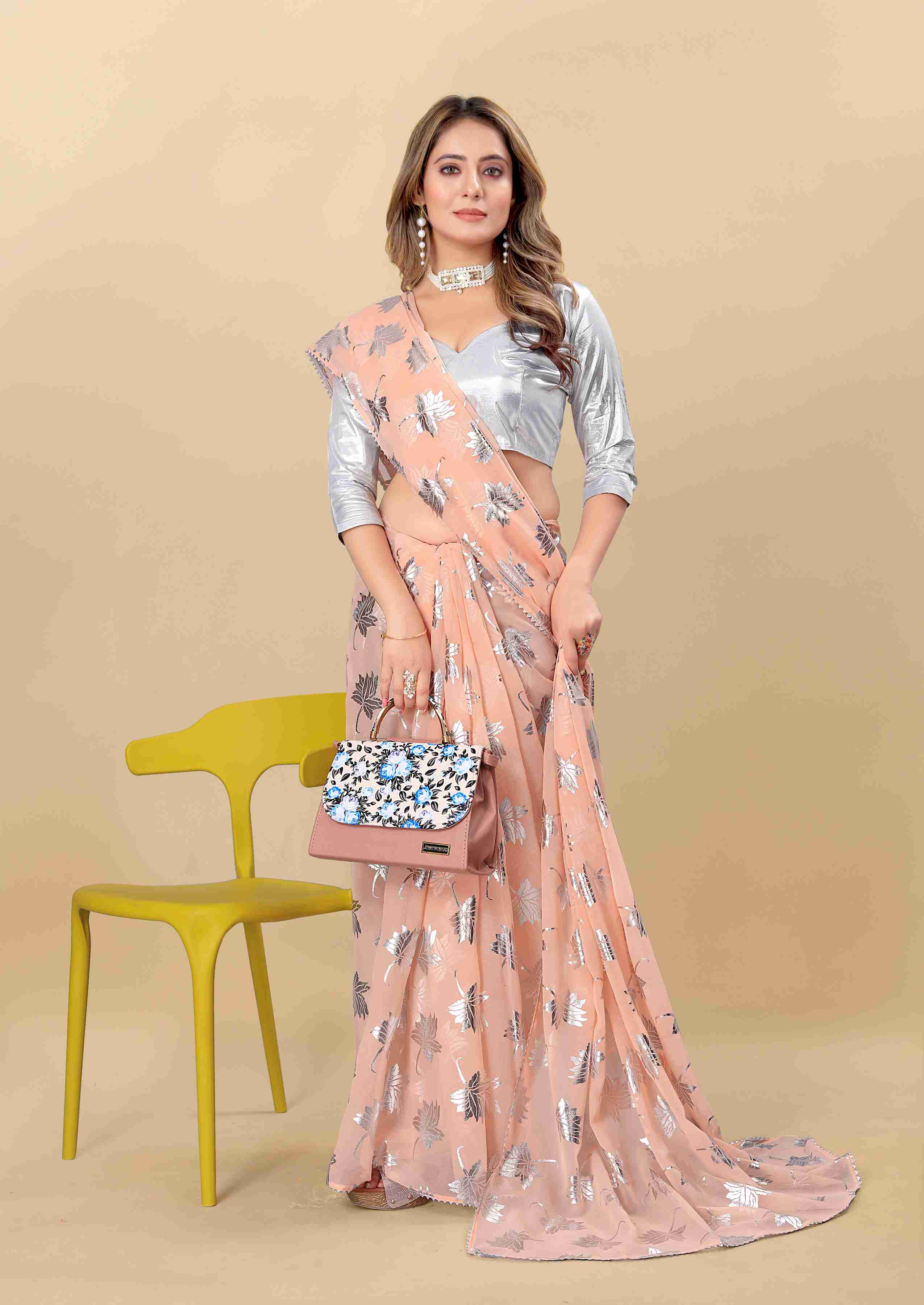 Women's Leaf Print Lace Border Work Peach Georgette Saree with Blouse