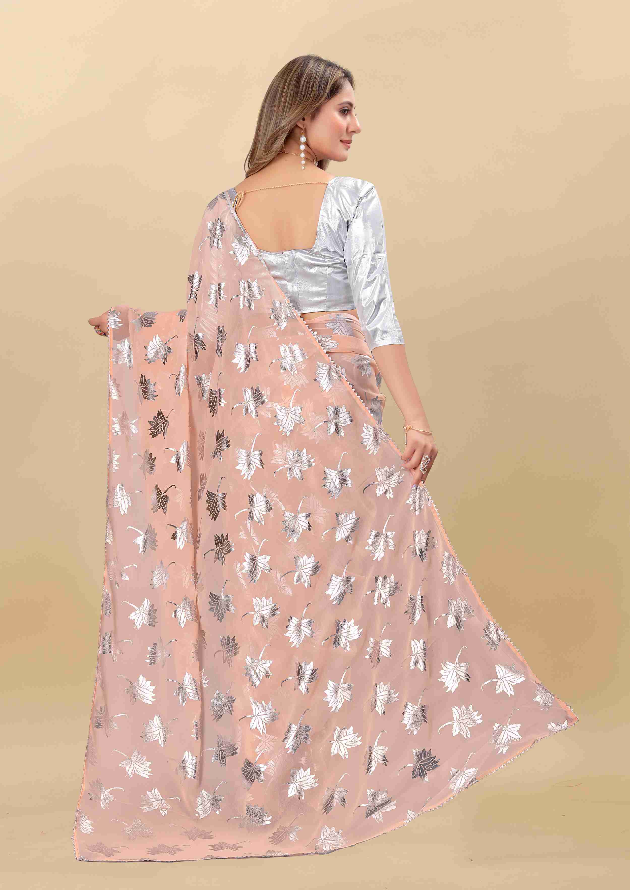 Women's Leaf Print Lace Border Work Peach Georgette Saree with Blouse